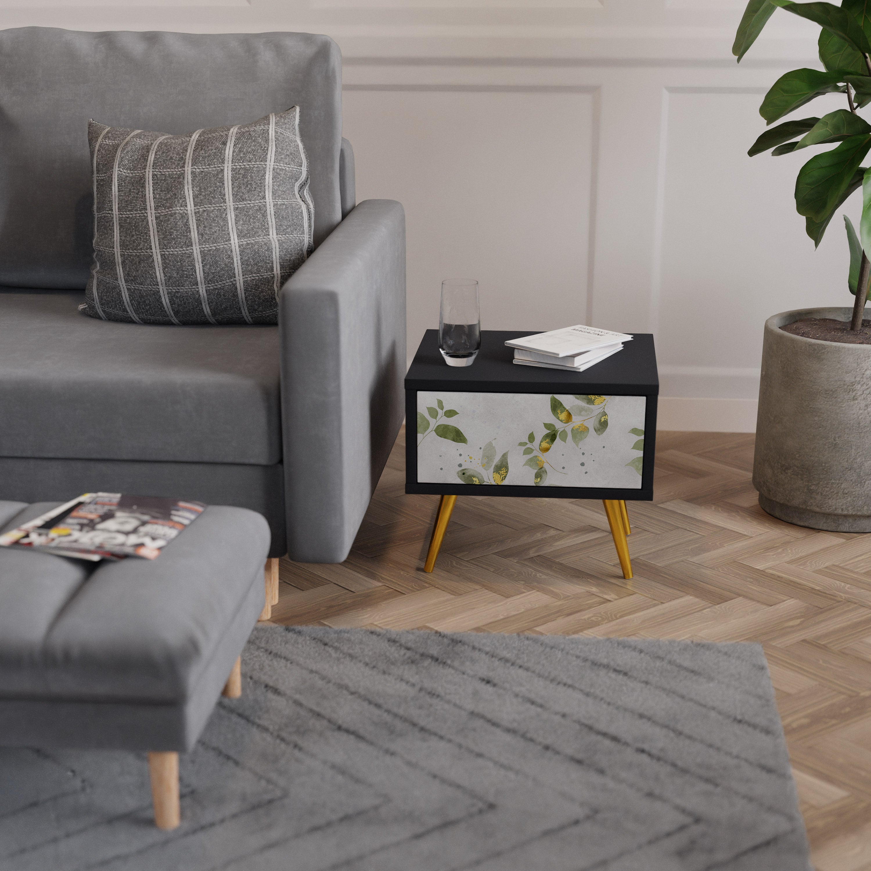 Table de chevet ELEGANT BOTANICS en finition noire