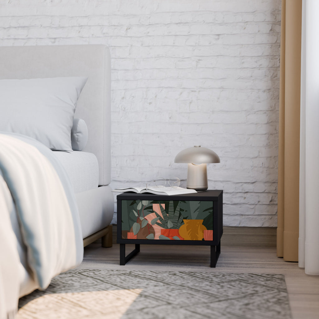 Table de chevet COMPOSITION TROPICALE en finition noire