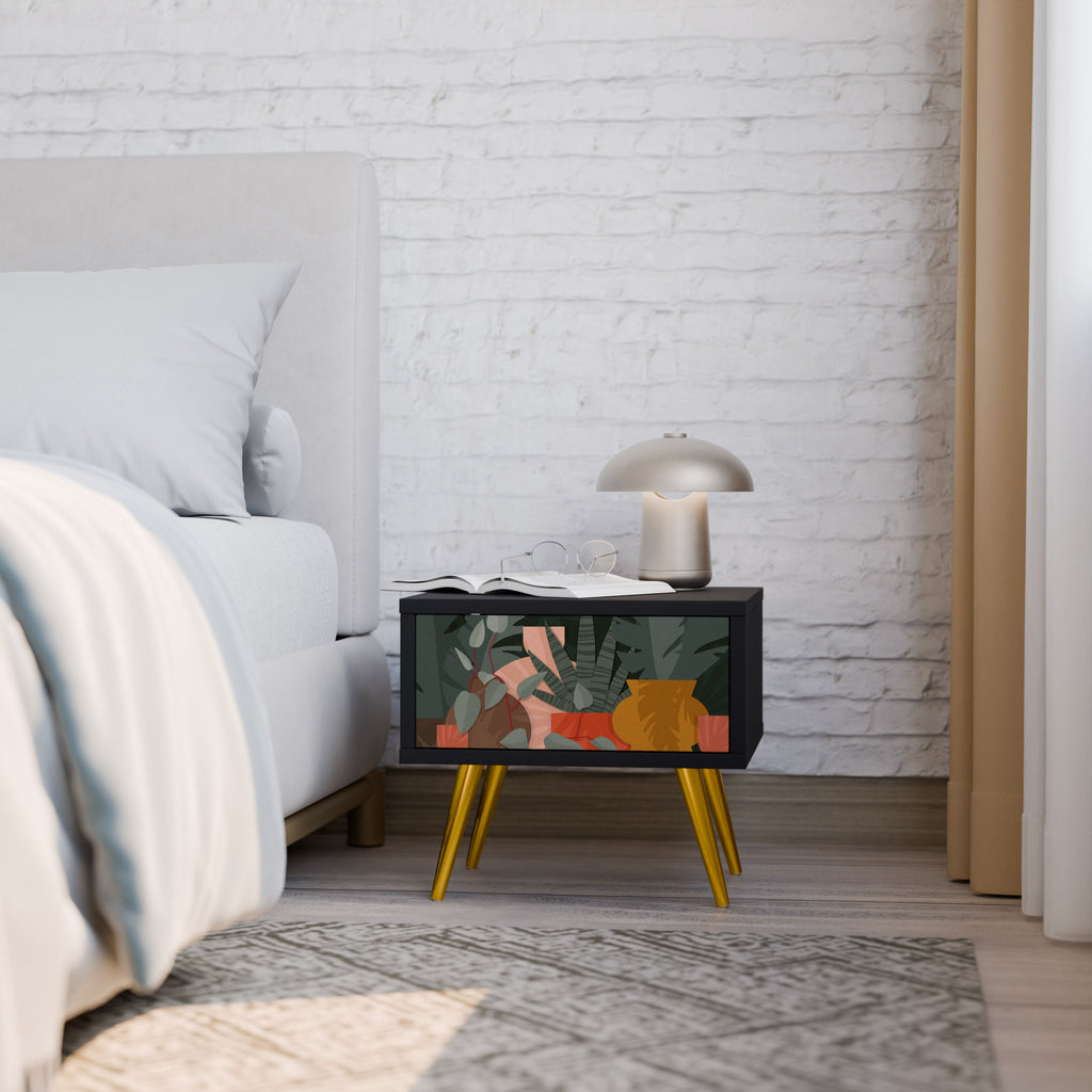 Table de chevet COMPOSITION TROPICALE en finition noire