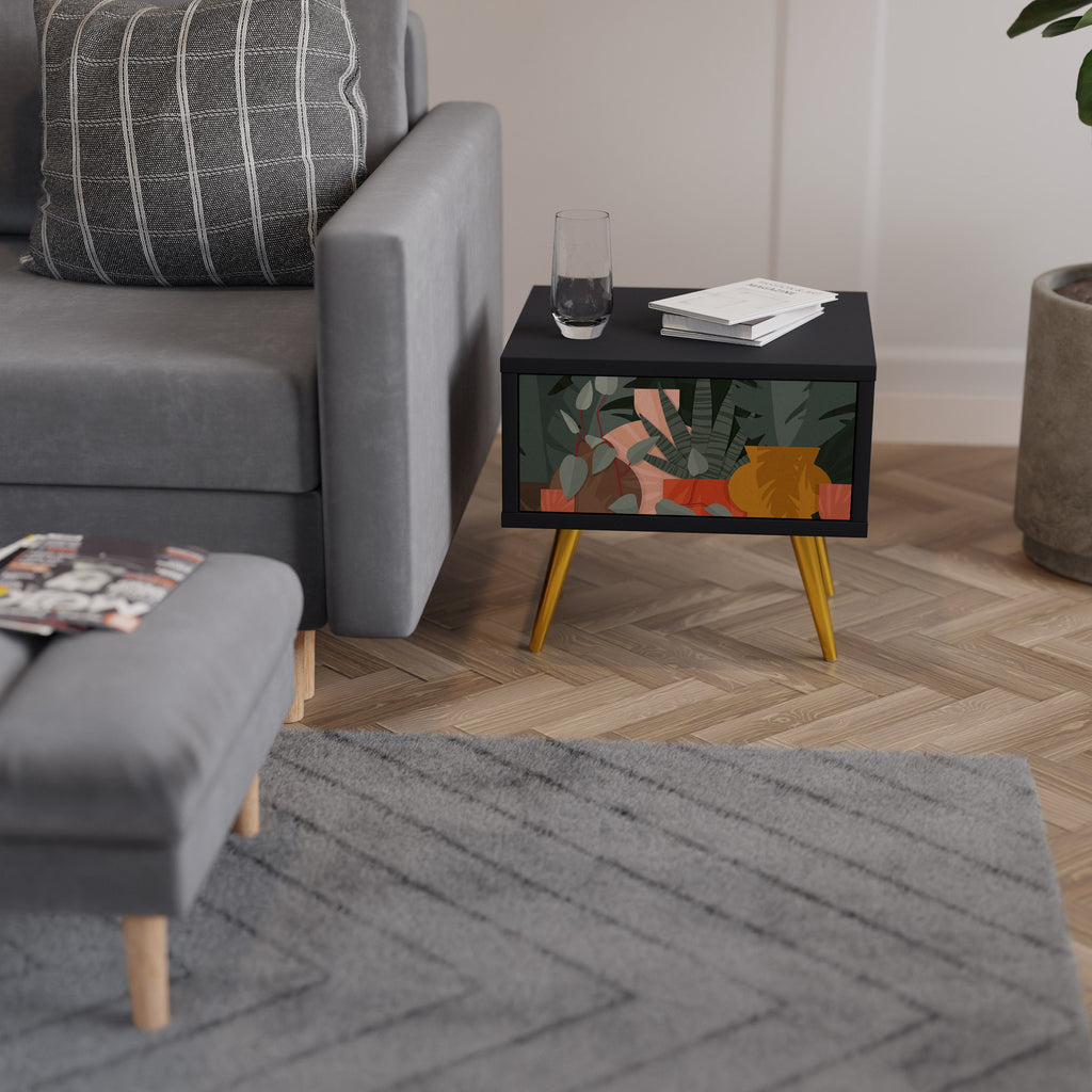 Table de chevet COMPOSITION TROPICALE en finition noire