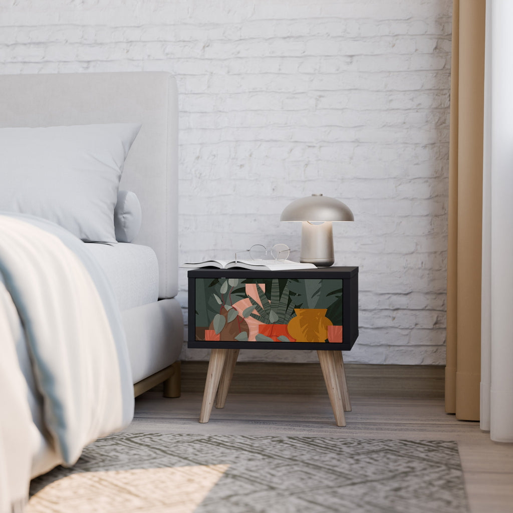 Table de chevet COMPOSITION TROPICALE en finition noire