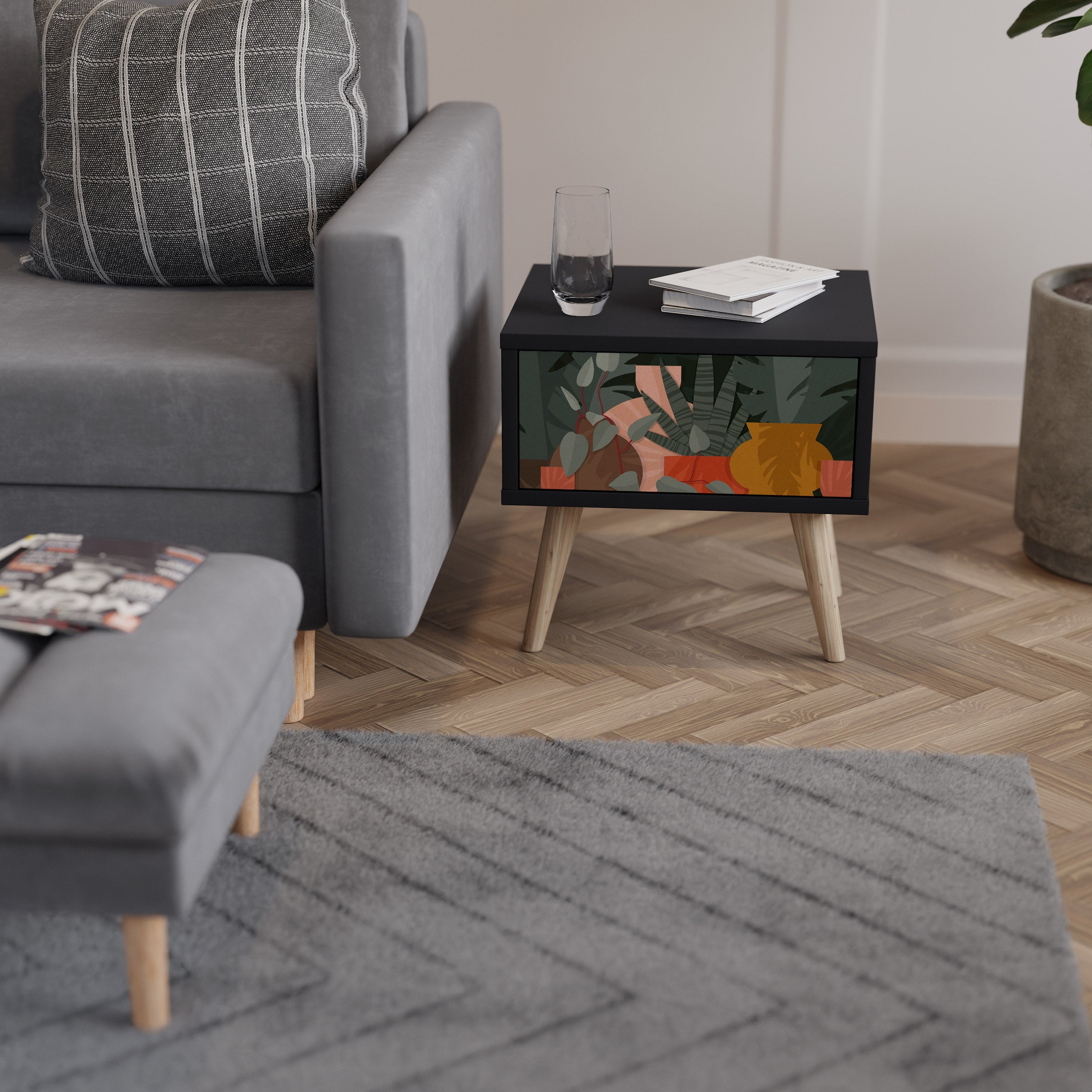 Table de chevet COMPOSITION TROPICALE en finition noire