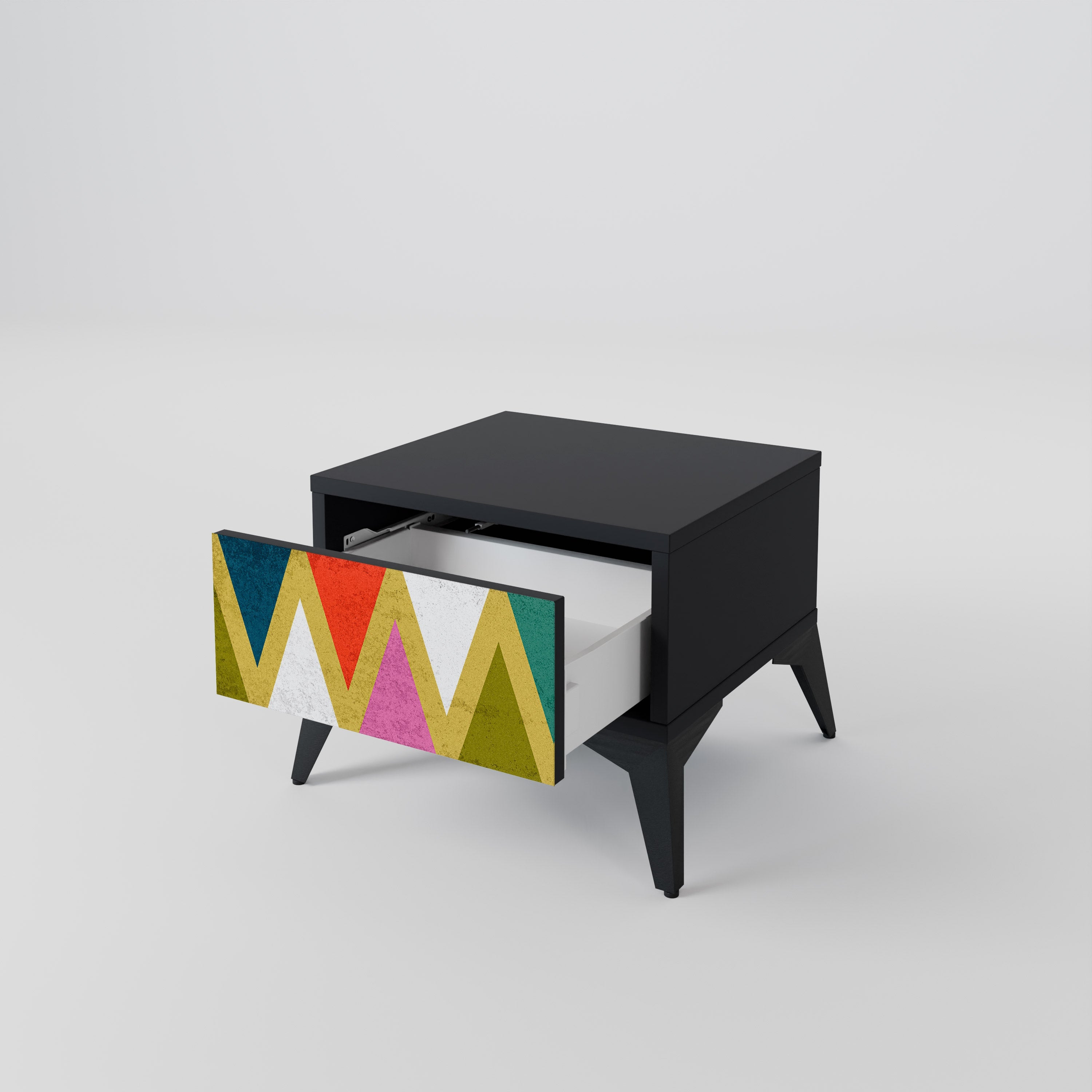 Table de chevet TRIANGLES COLORÉS en finition noire