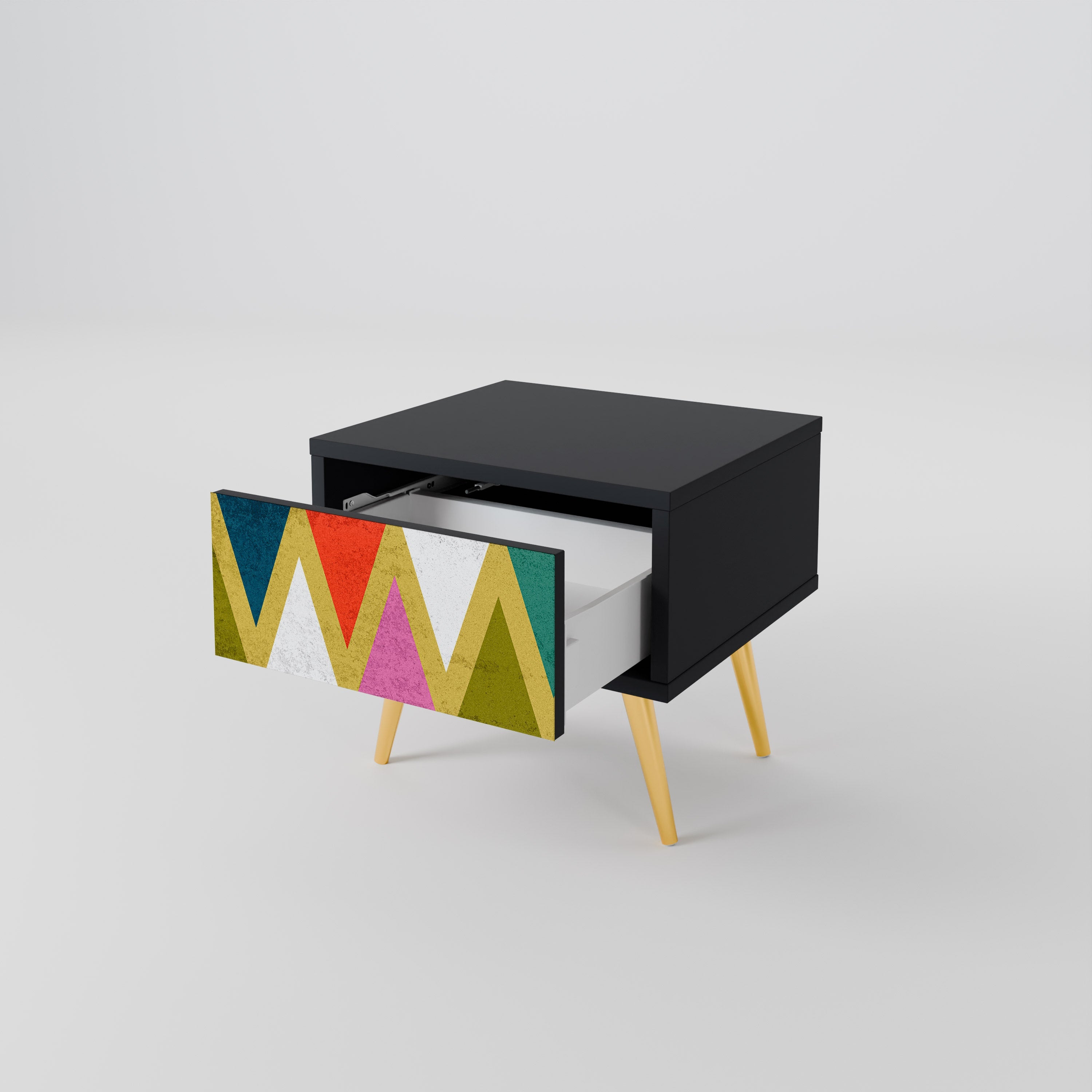 Table de chevet TRIANGLES COLORÉS en finition noire
