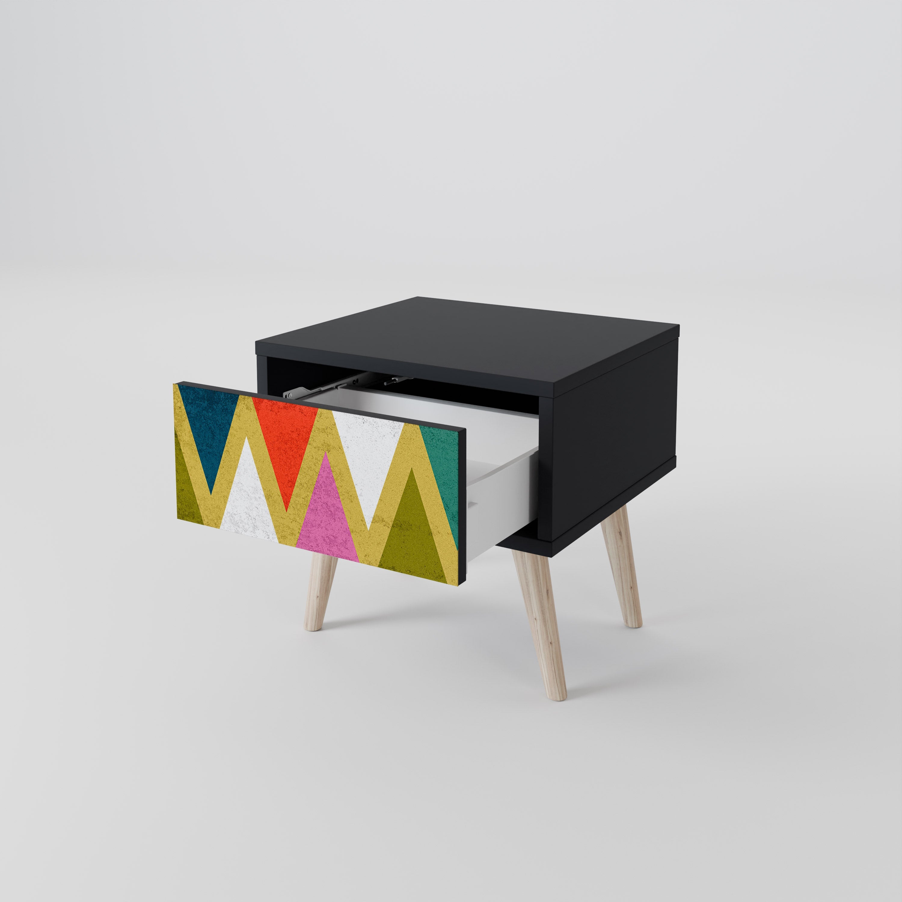Table de chevet TRIANGLES COLORÉS en finition noire