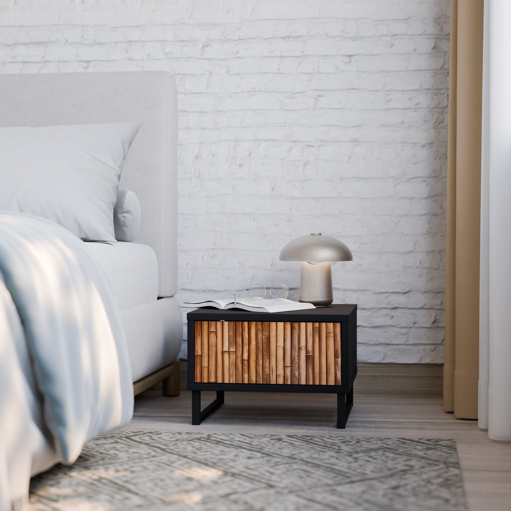 Table de chevet en bois naturel avec finition noire