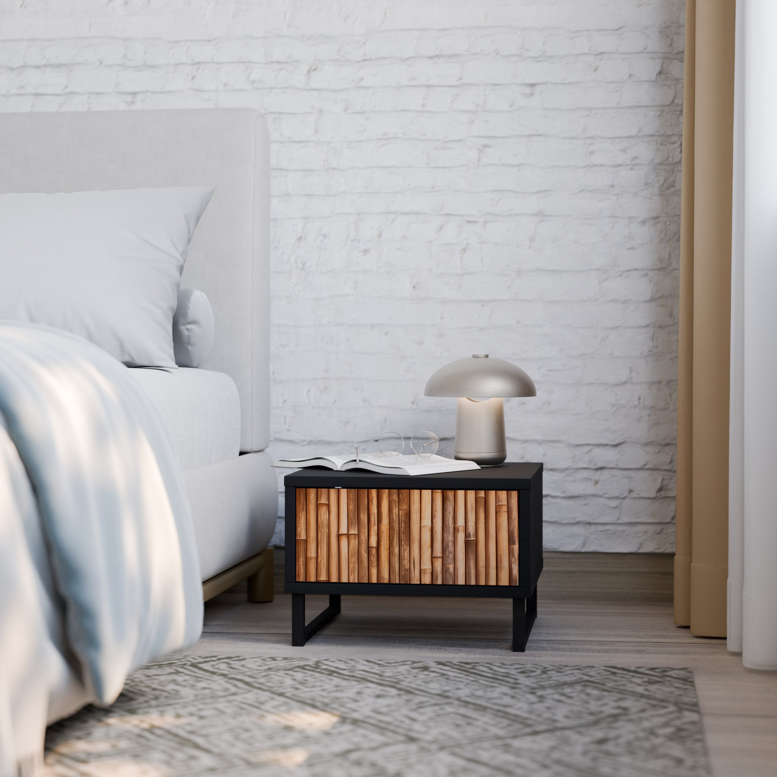 Table de chevet en bois naturel avec finition noire