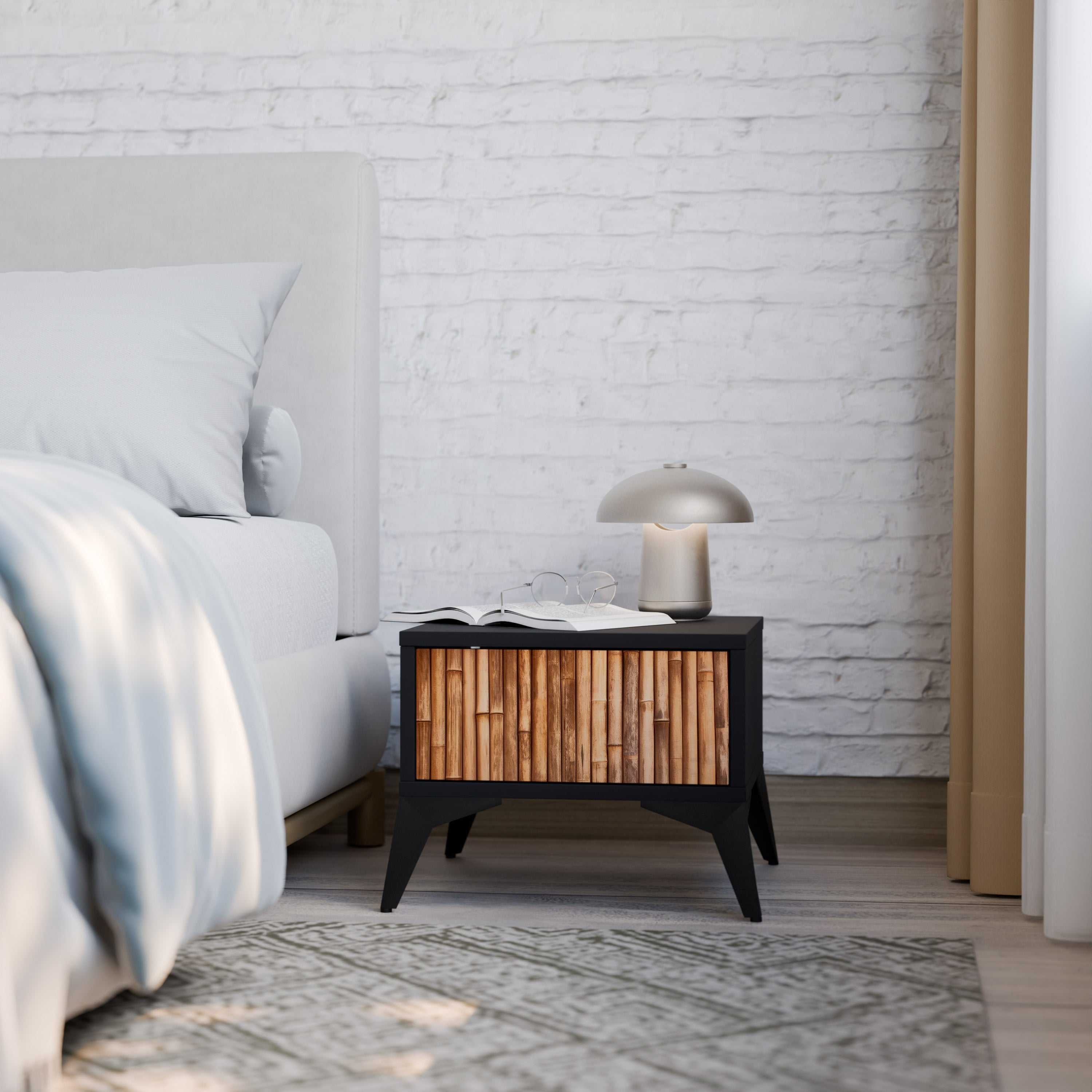 Table de chevet en bois naturel avec finition noire