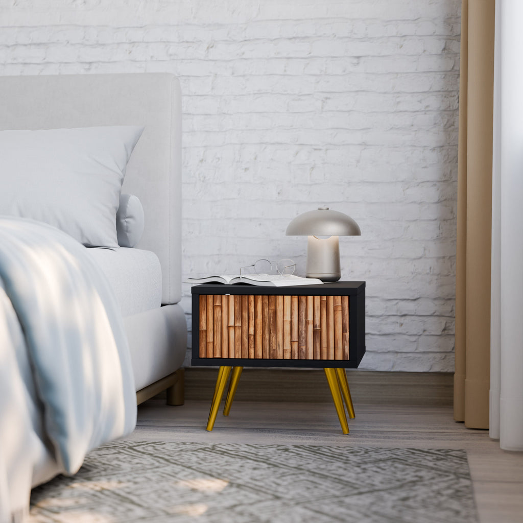 Table de chevet en bois naturel avec finition noire
