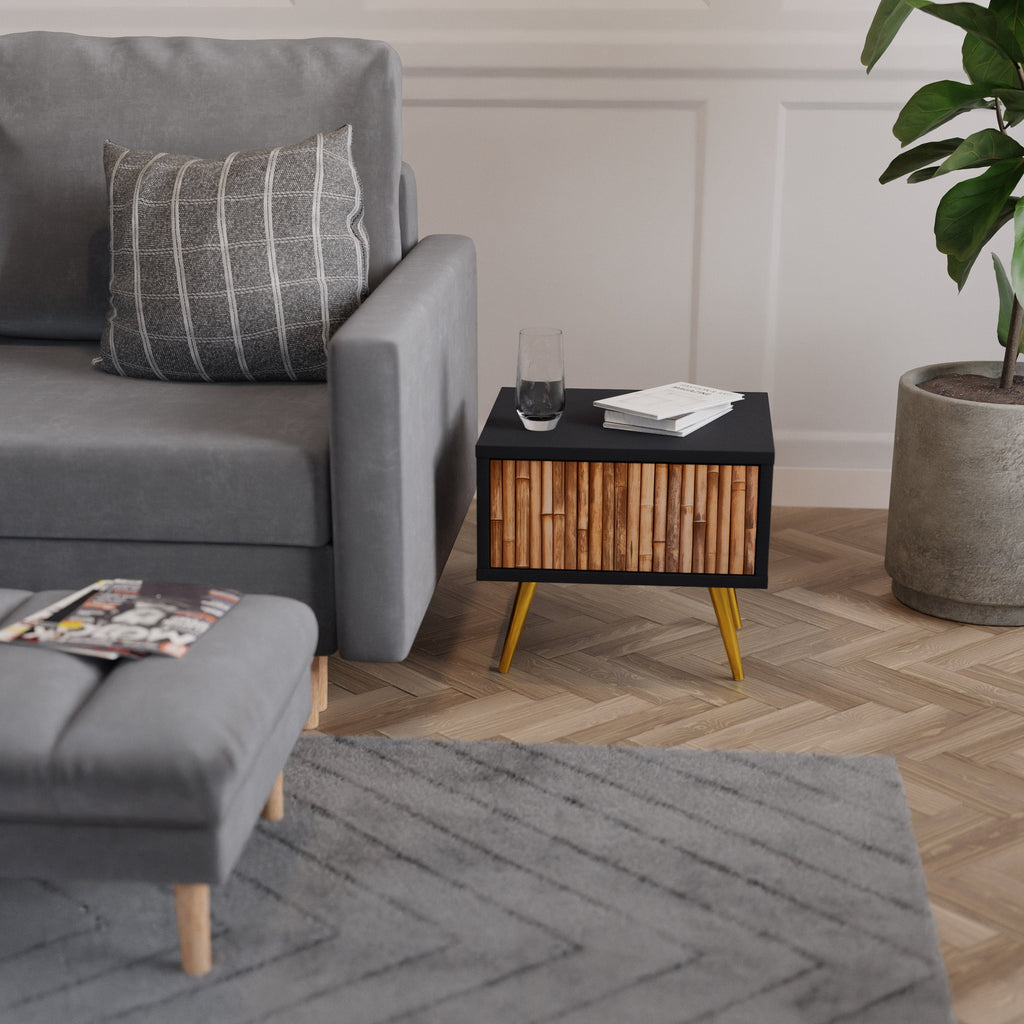 Table de chevet en bois naturel avec finition noire