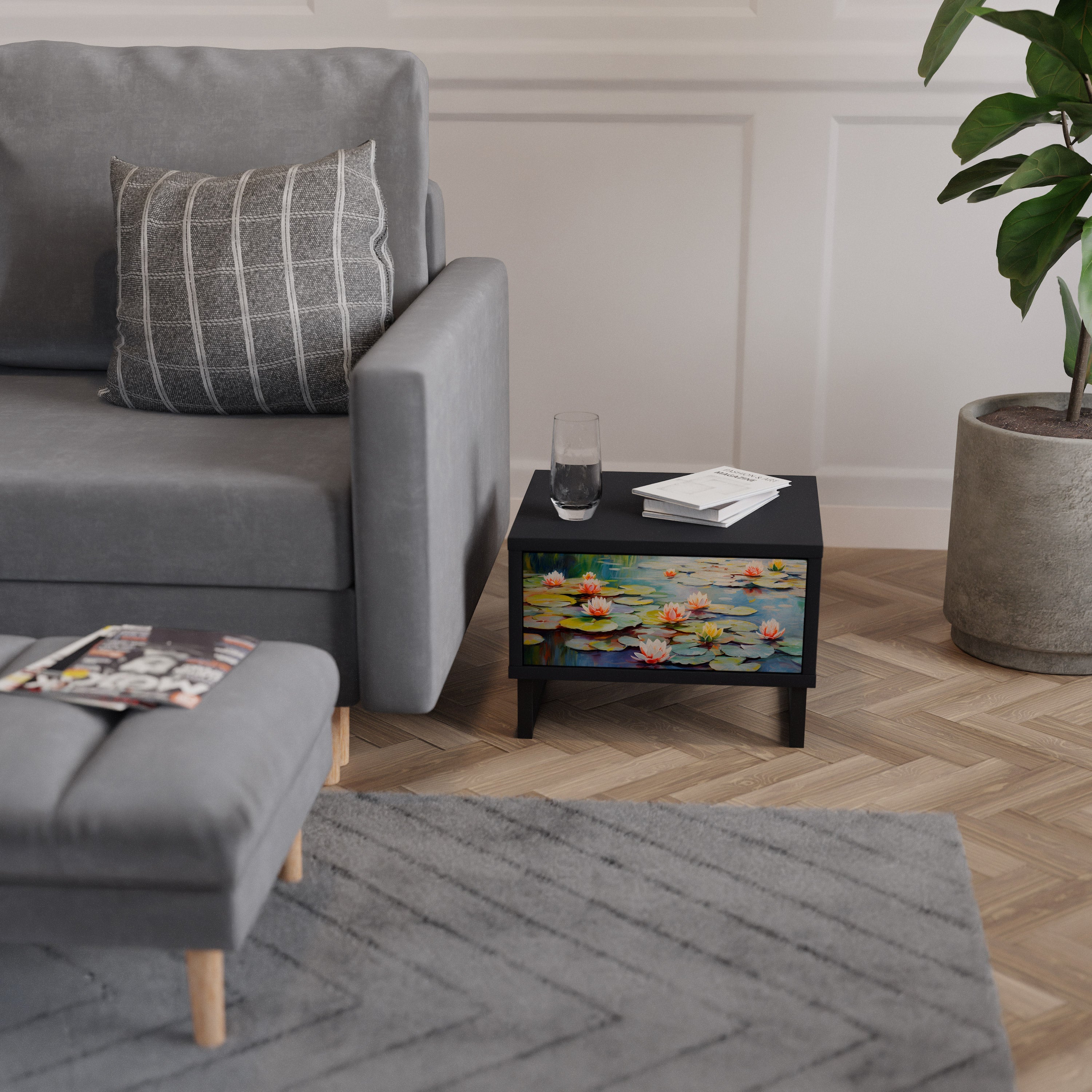 Table de chevet BLOOMING WATERS en finition noire