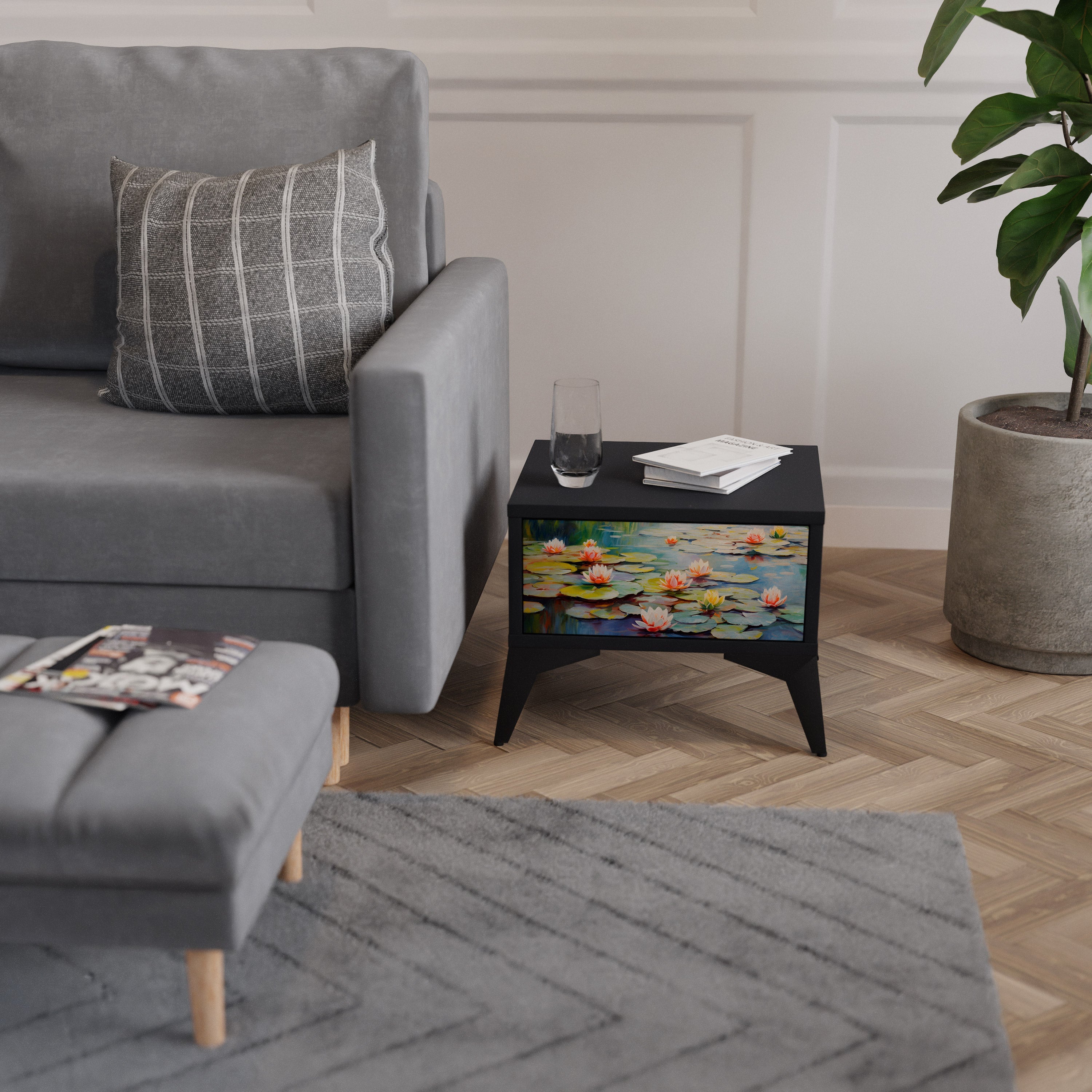 Table de chevet BLOOMING WATERS en finition noire