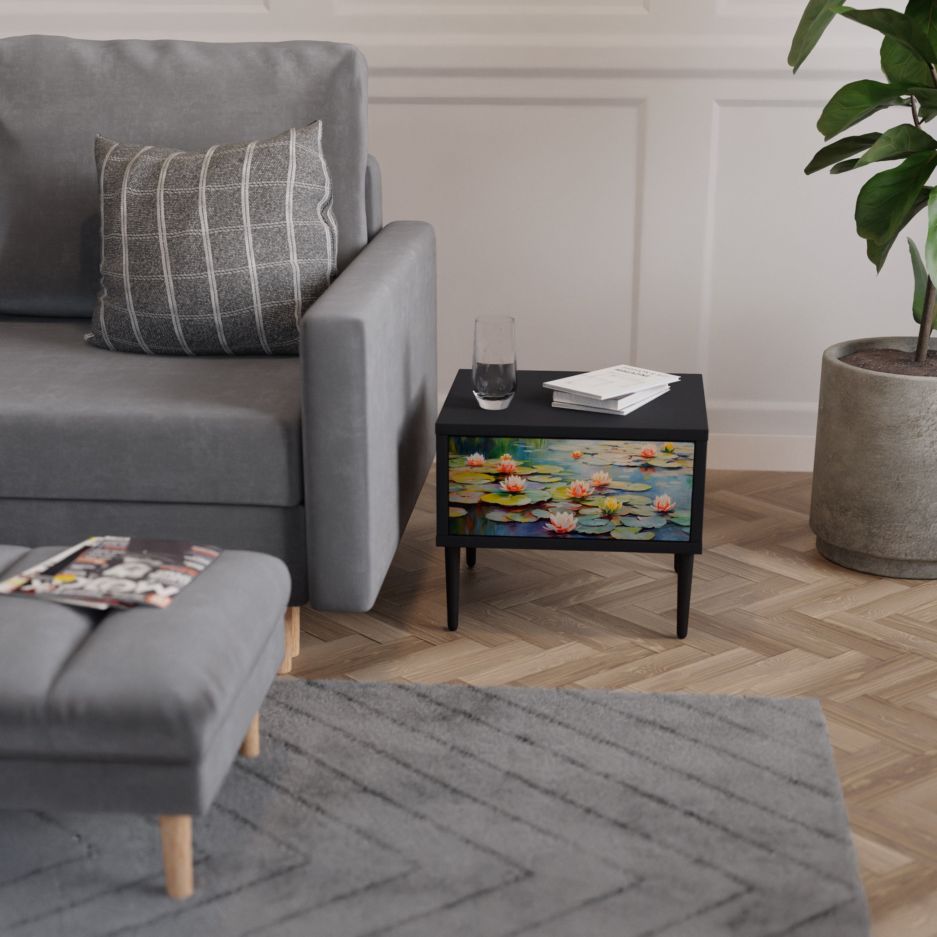 Table de chevet BLOOMING WATERS en finition noire