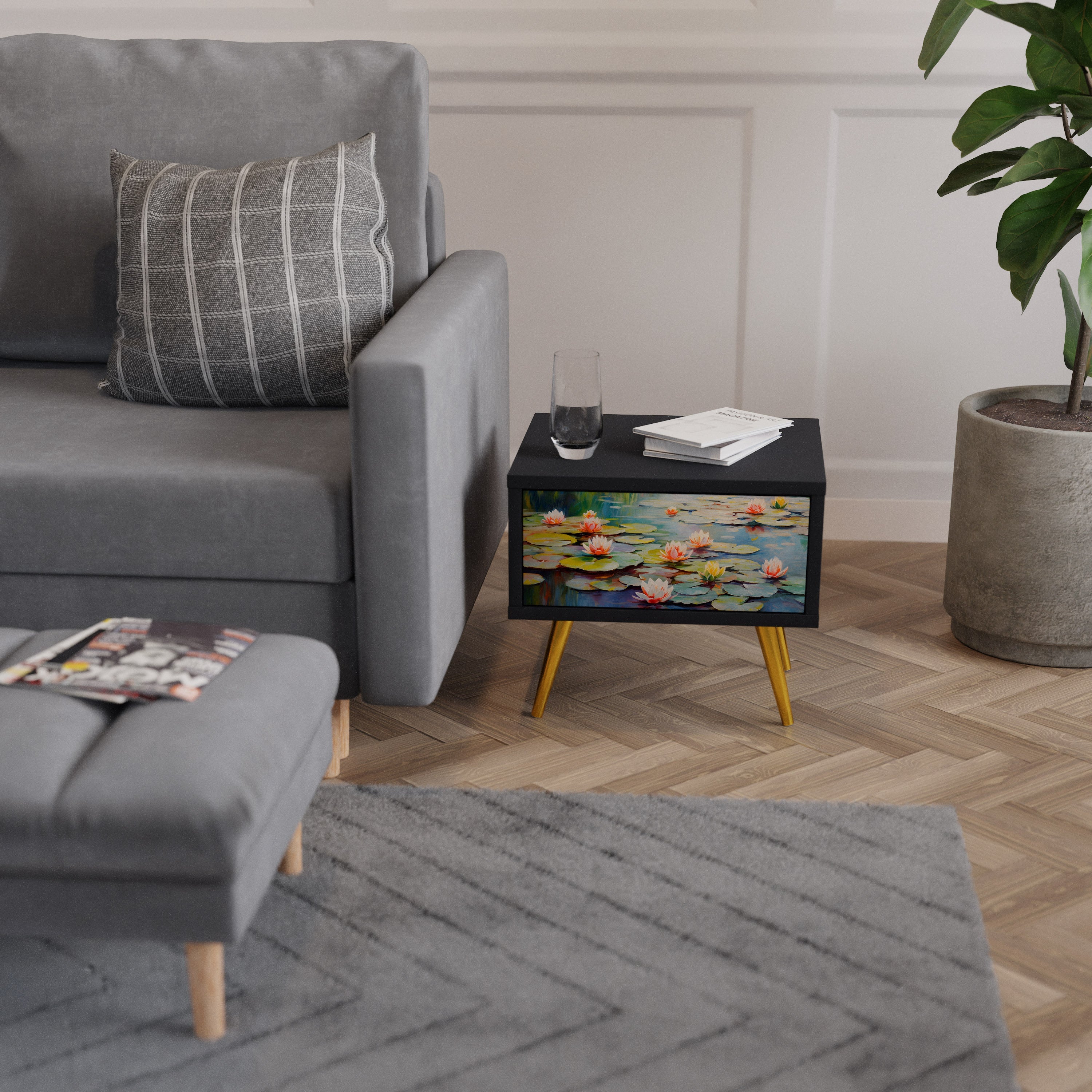 Table de chevet BLOOMING WATERS en finition noire