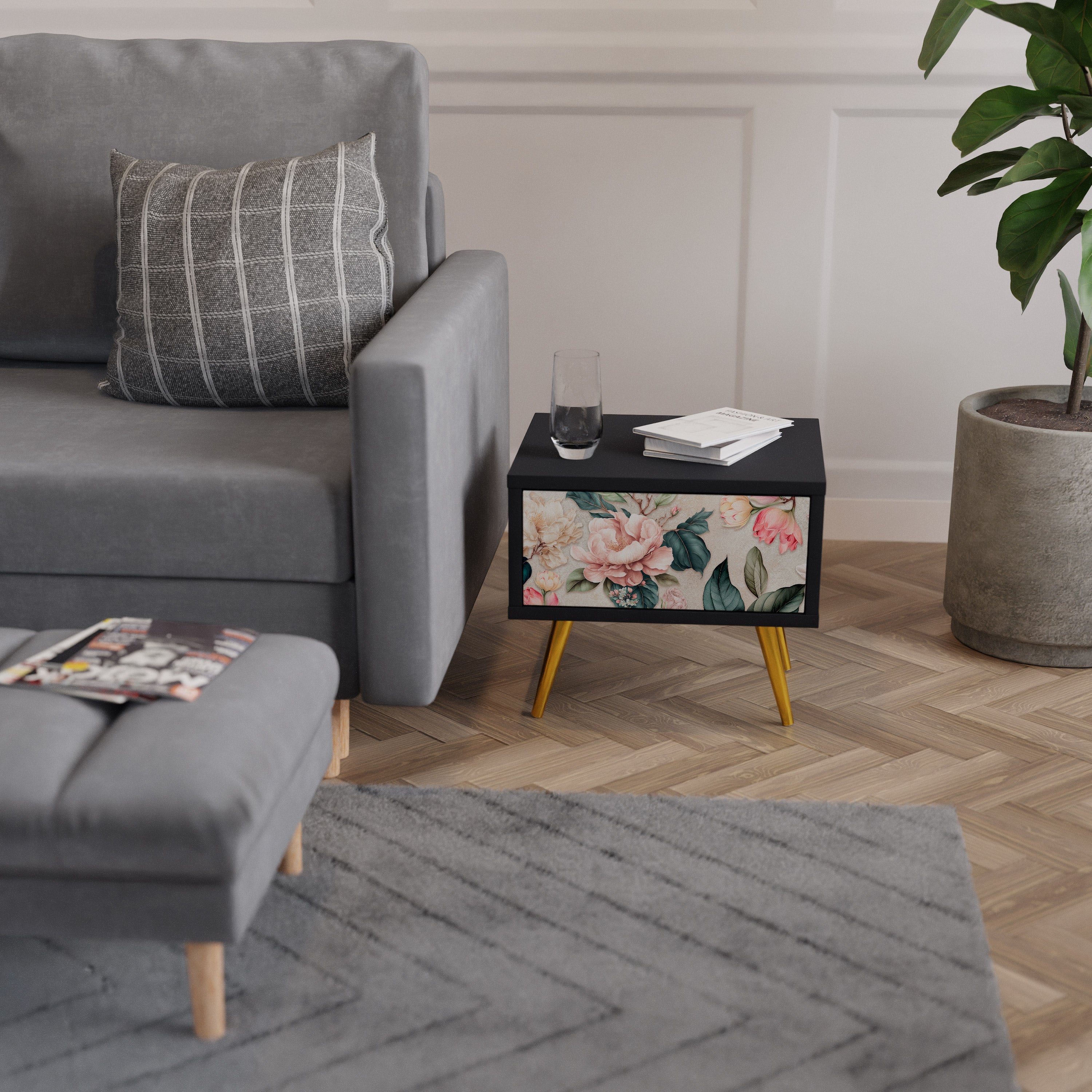 Table de chevet FLORAL GRACE en finition noire