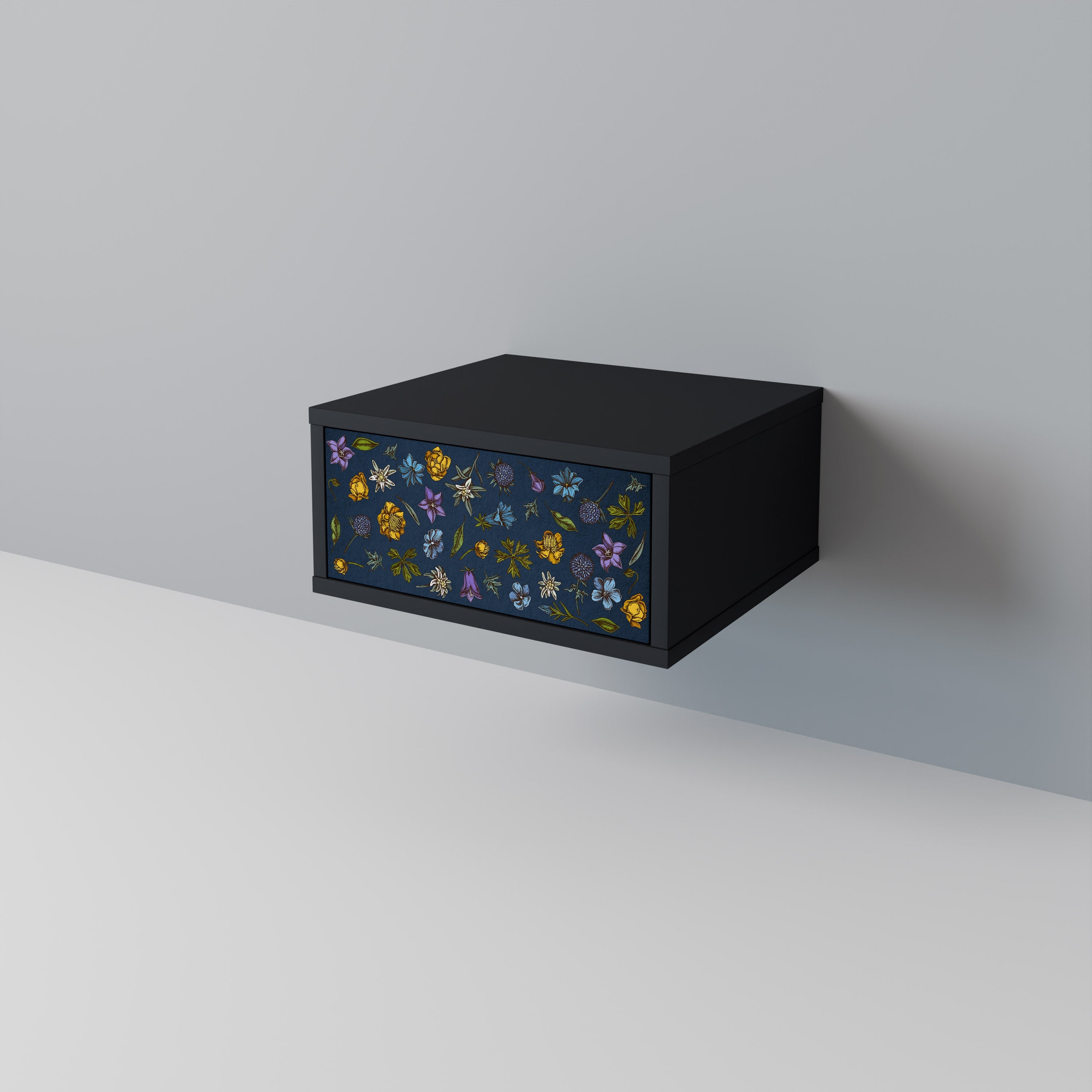 Table de chevet FLOWERS ON NAVY BLUE en finition noire