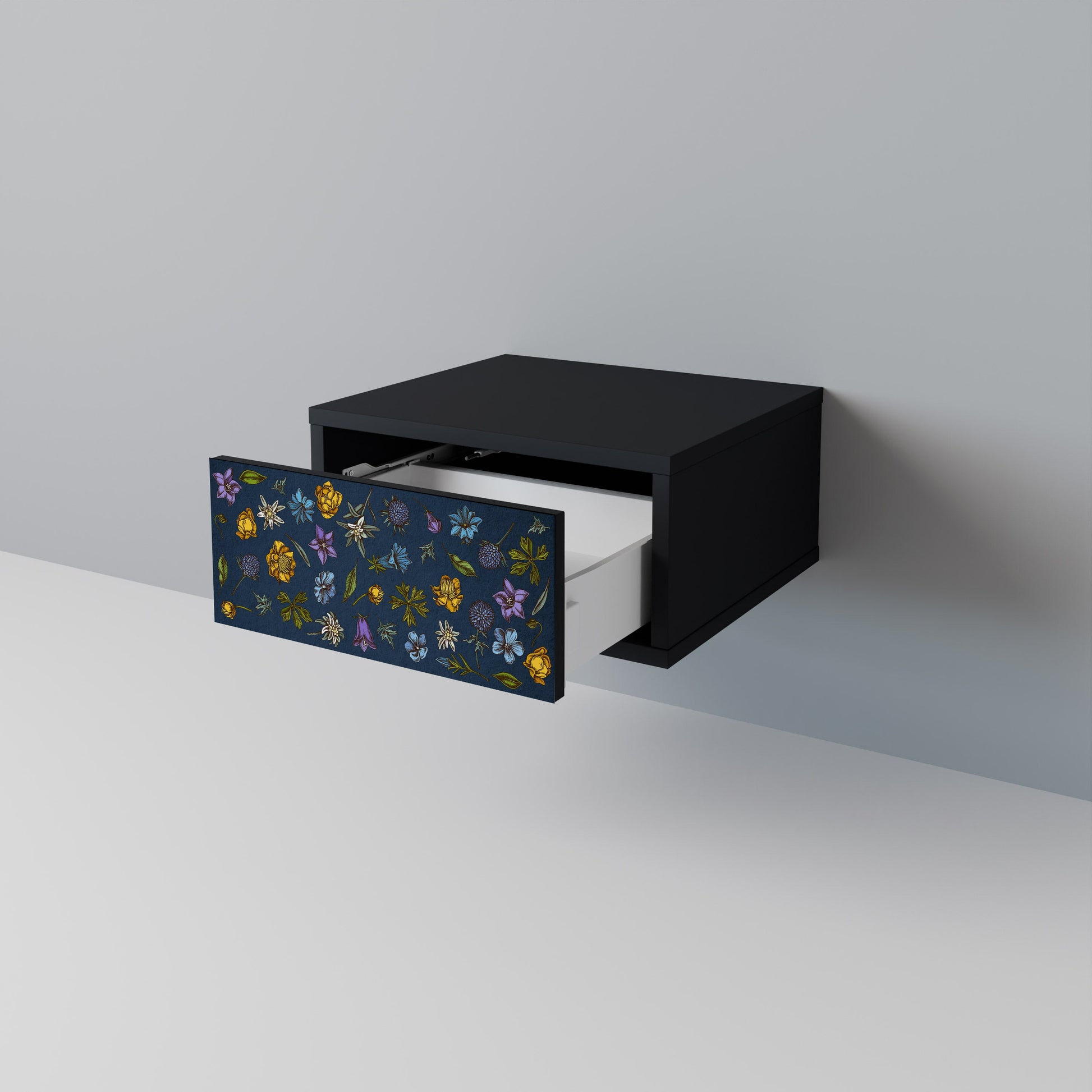 Table de chevet FLOWERS ON NAVY BLUE en finition noire