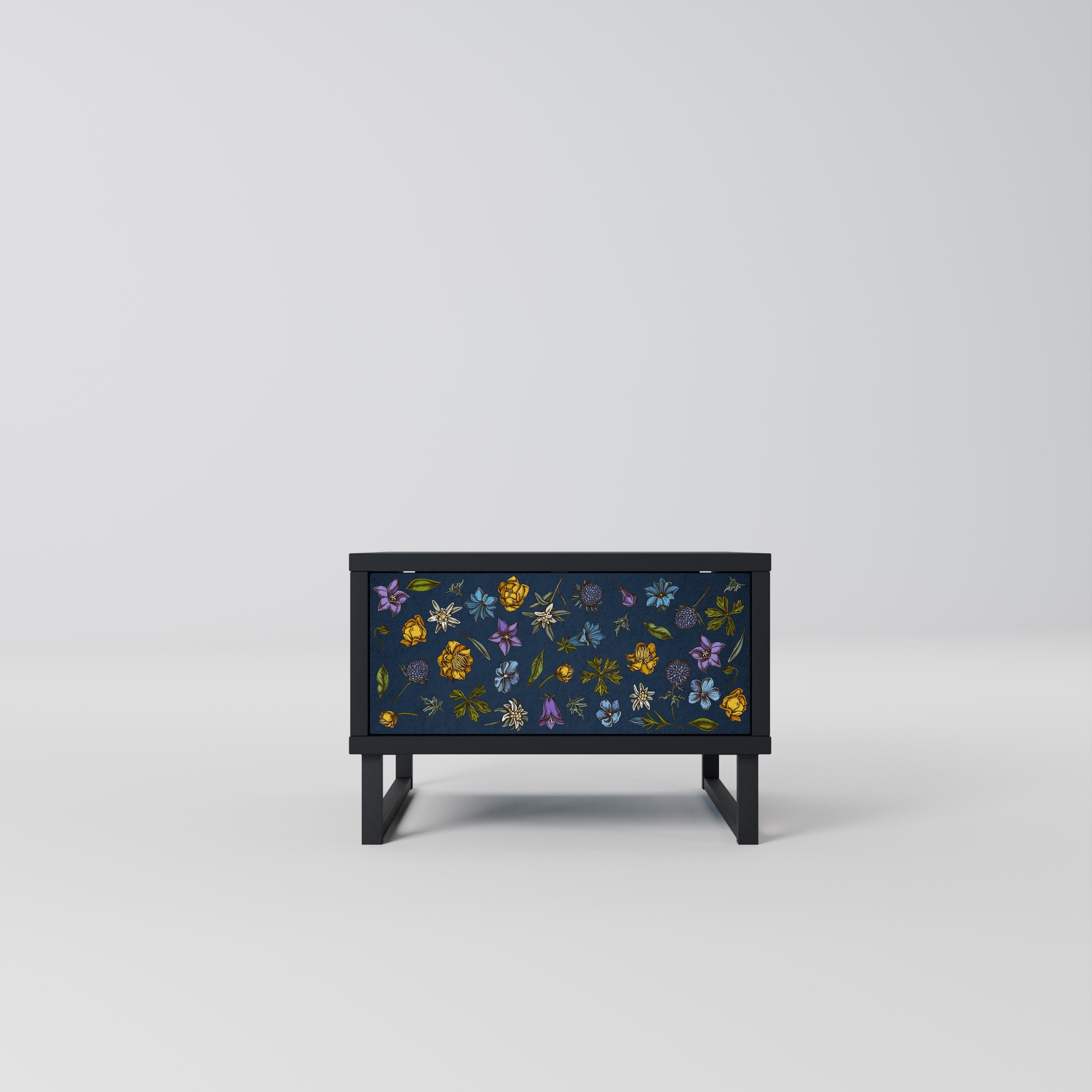 Table de chevet FLOWERS ON NAVY BLUE en finition noire