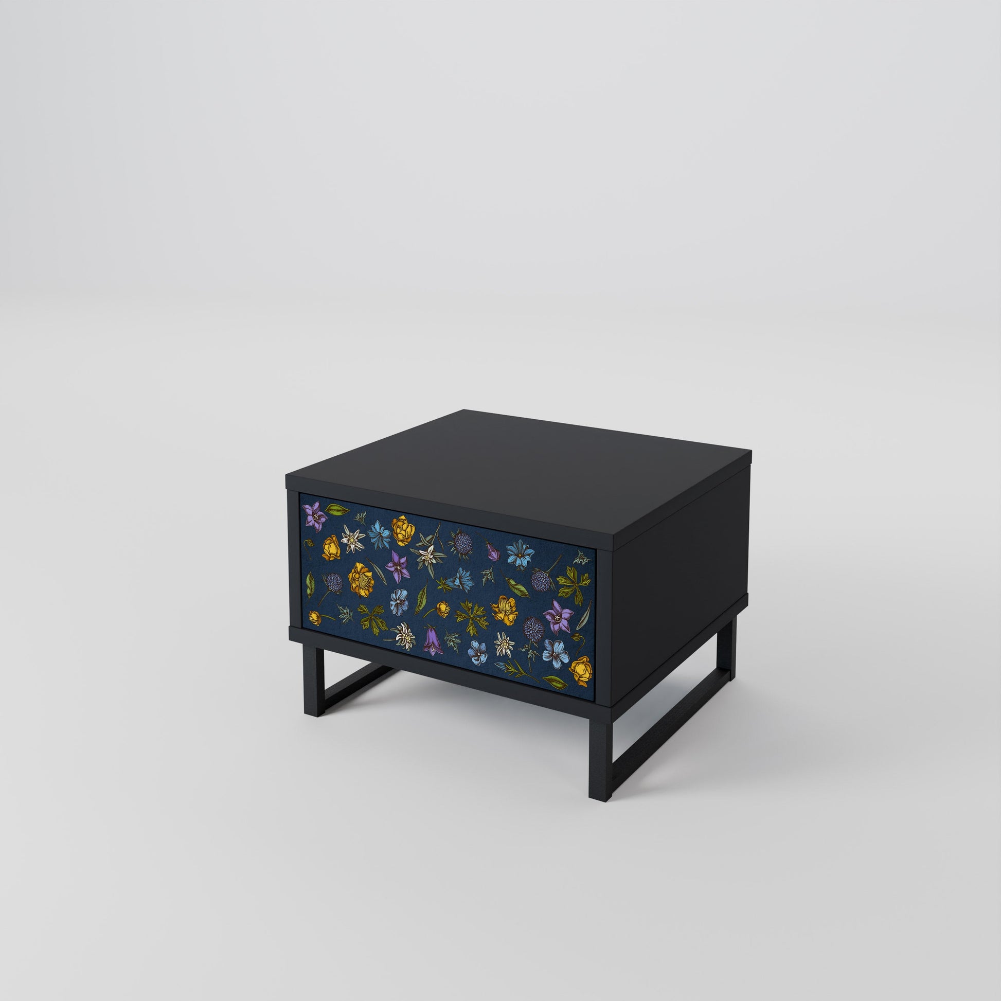 Table de chevet FLOWERS ON NAVY BLUE en finition noire