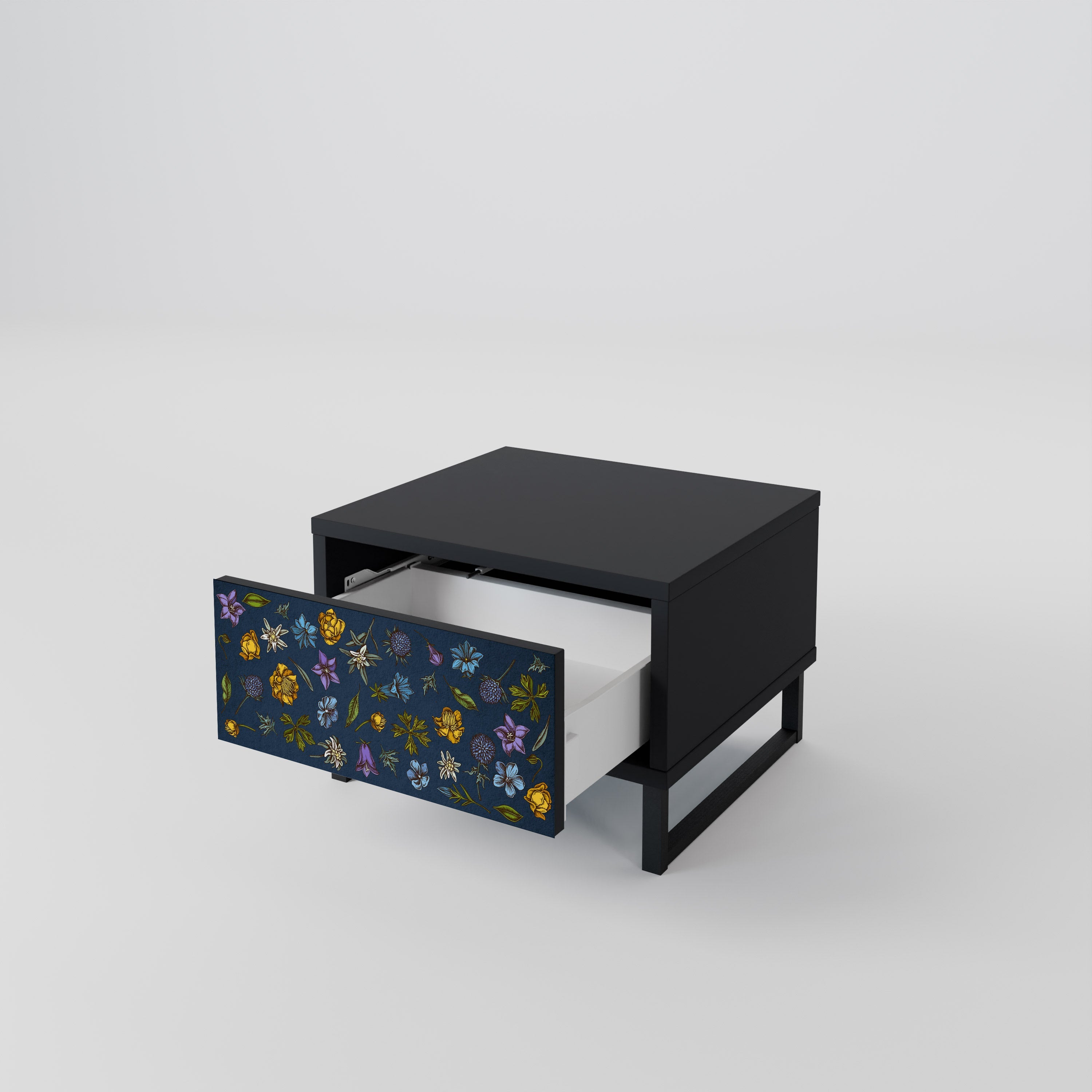 Table de chevet FLOWERS ON NAVY BLUE en finition noire