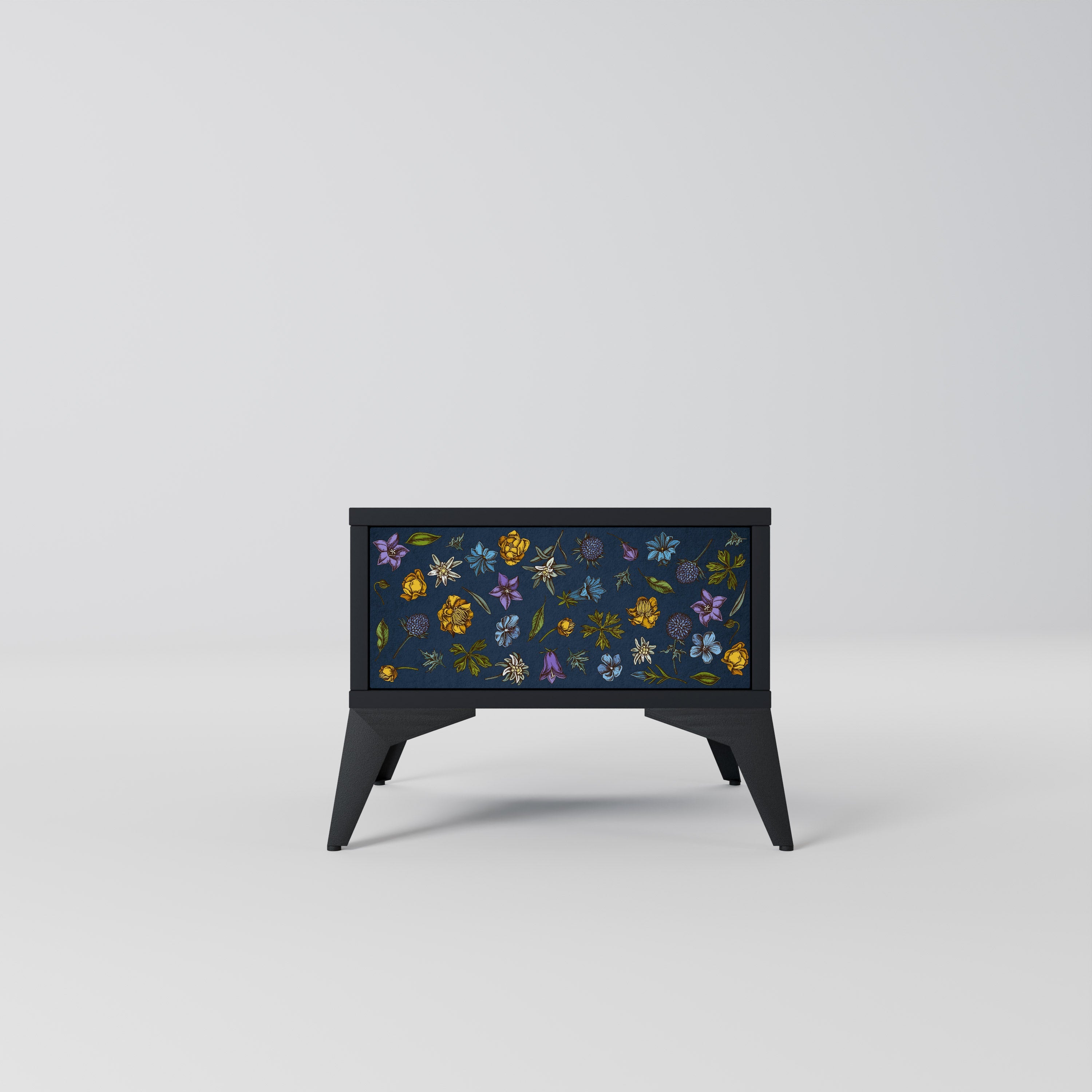 Table de chevet FLOWERS ON NAVY BLUE en finition noire