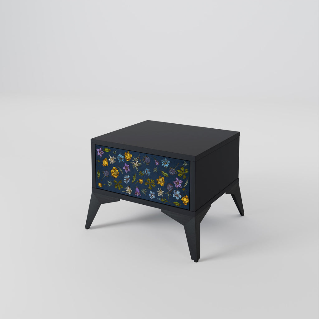 Table de chevet FLOWERS ON NAVY BLUE en finition noire
