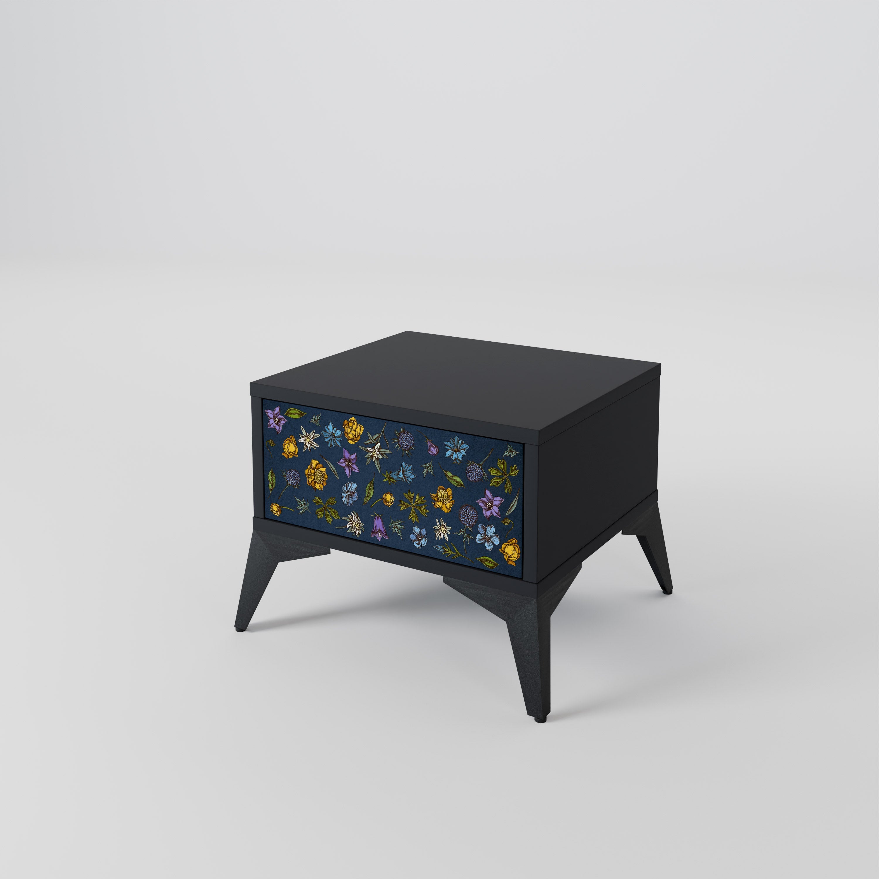 Table de chevet FLOWERS ON NAVY BLUE en finition noire