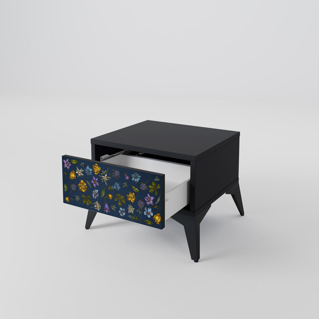 Table de chevet FLOWERS ON NAVY BLUE en finition noire