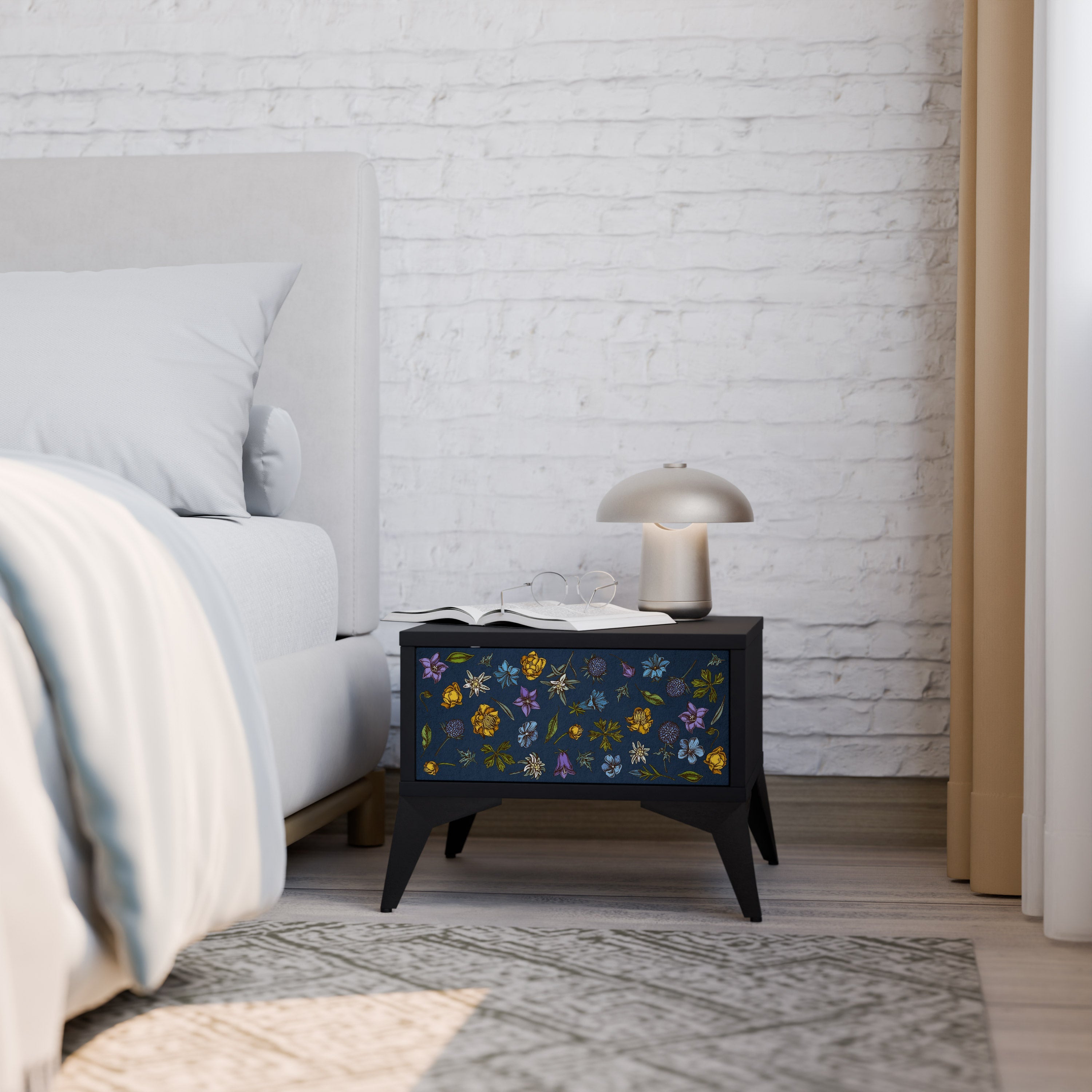 Table de chevet FLOWERS ON NAVY BLUE en finition noire