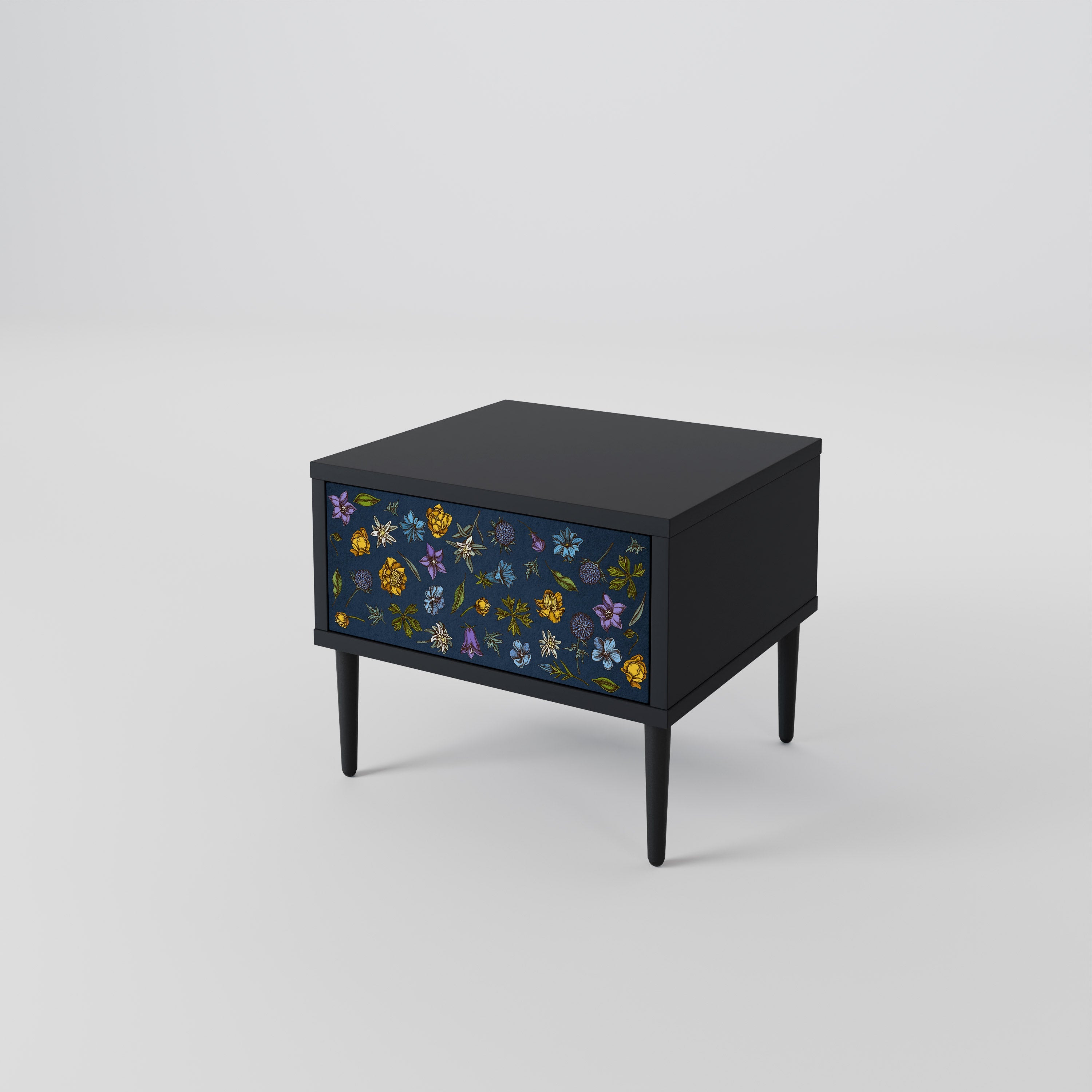 Table de chevet FLOWERS ON NAVY BLUE en finition noire