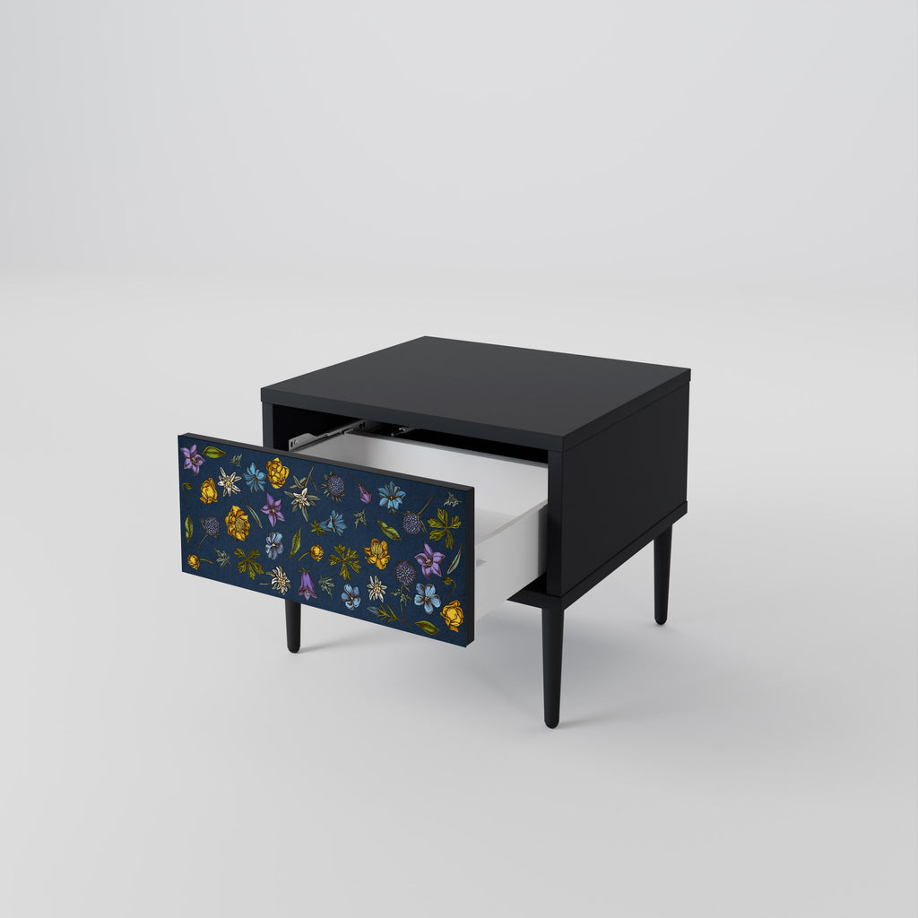 Table de chevet FLOWERS ON NAVY BLUE en finition noire