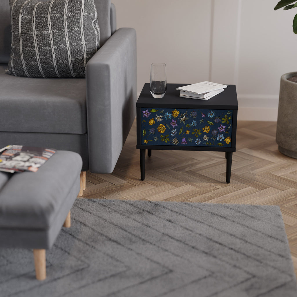 Table de chevet FLOWERS ON NAVY BLUE en finition noire
