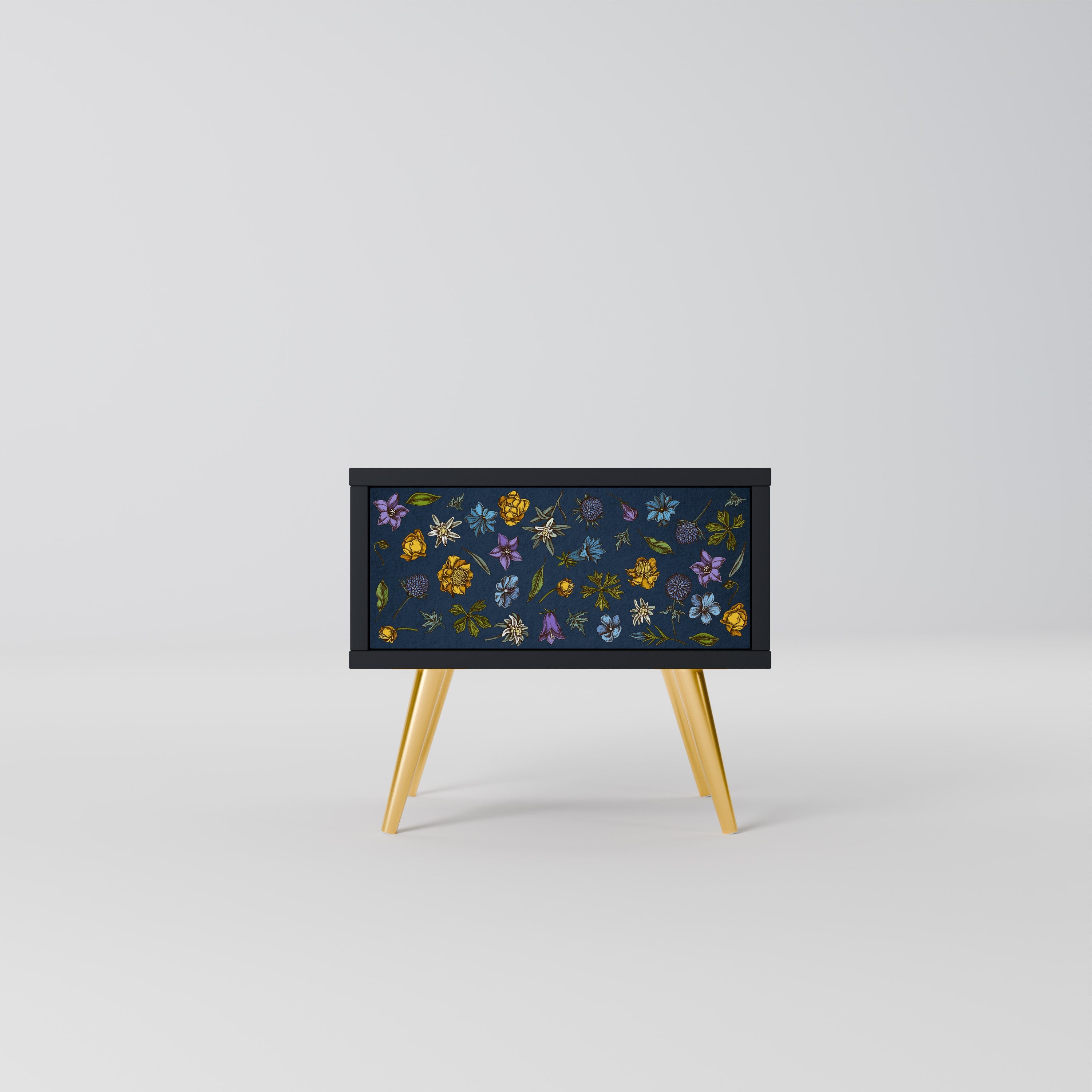 Table de chevet FLOWERS ON NAVY BLUE en finition noire