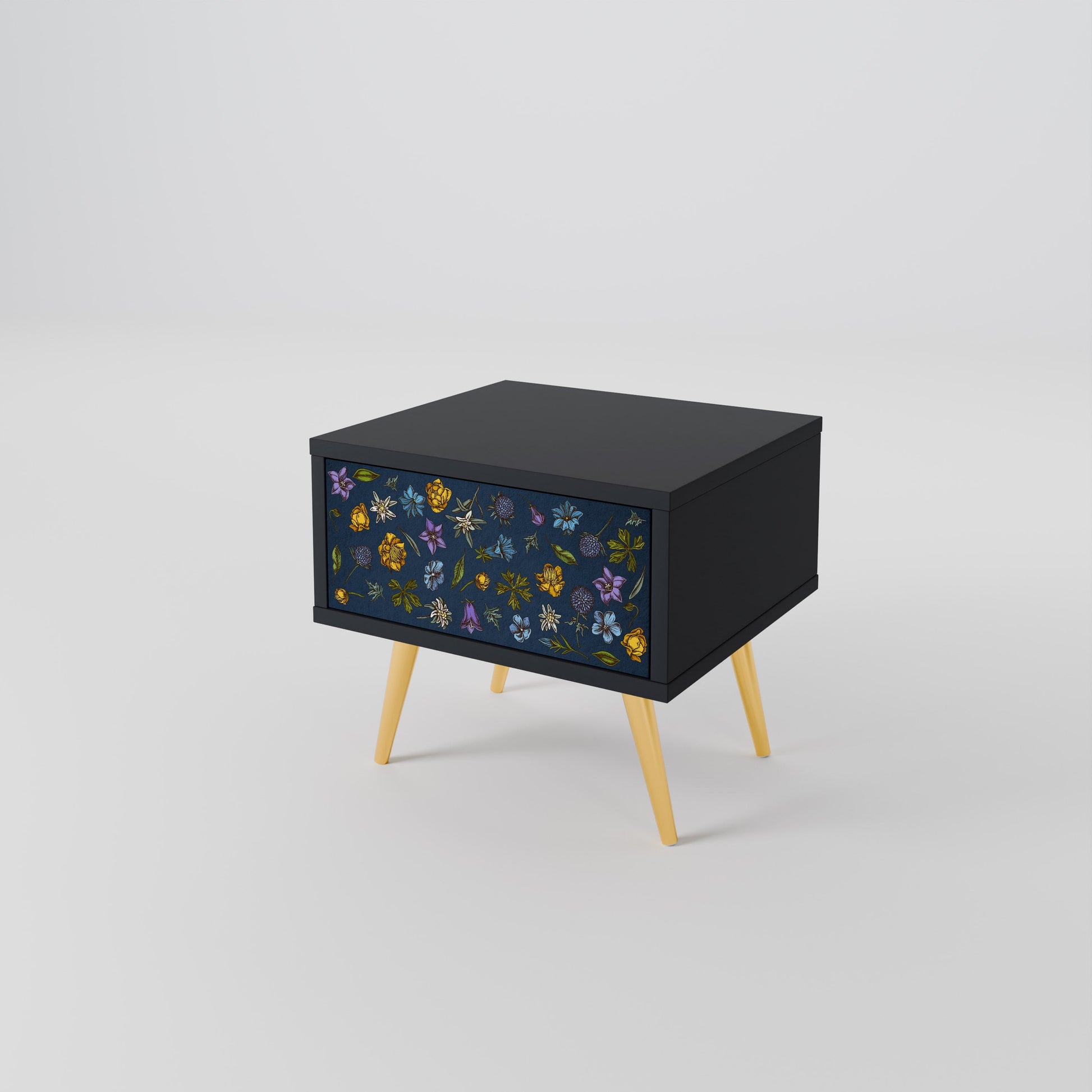 Table de chevet FLOWERS ON NAVY BLUE en finition noire