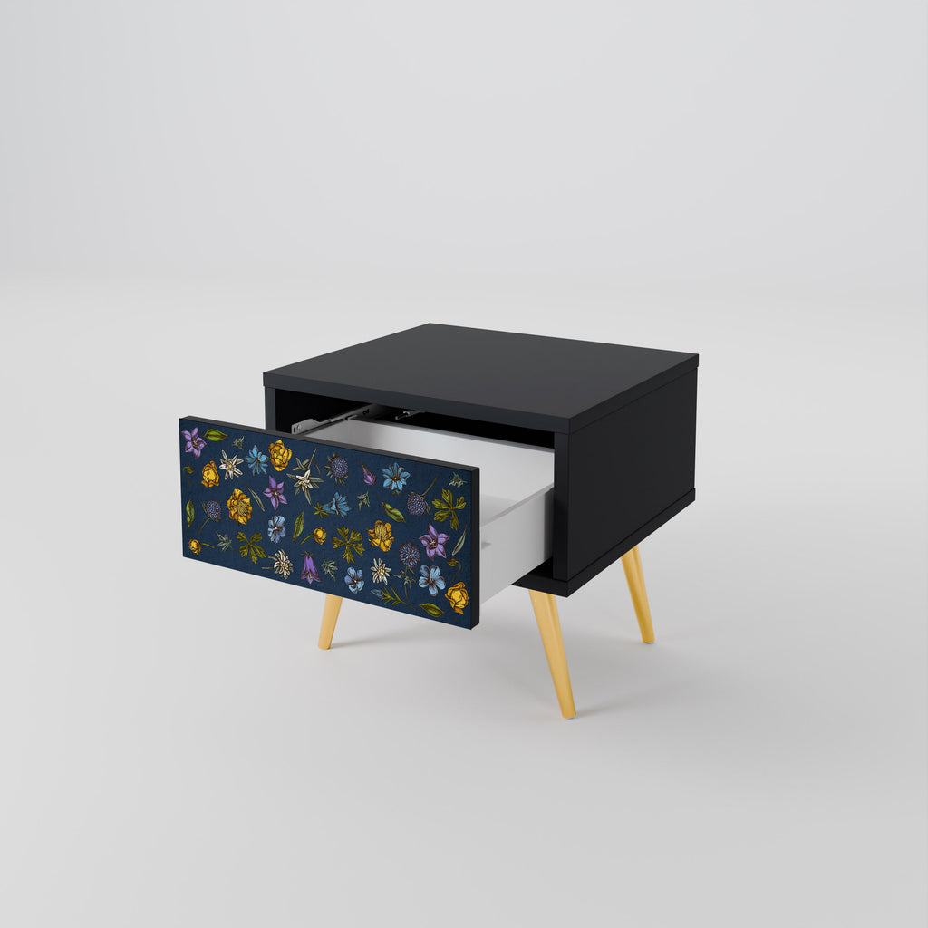 Table de chevet FLOWERS ON NAVY BLUE en finition noire
