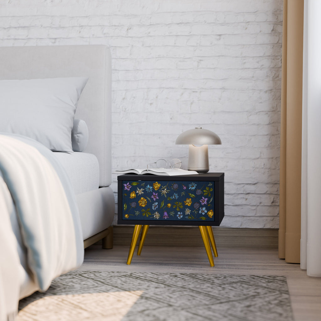 Table de chevet FLOWERS ON NAVY BLUE en finition noire