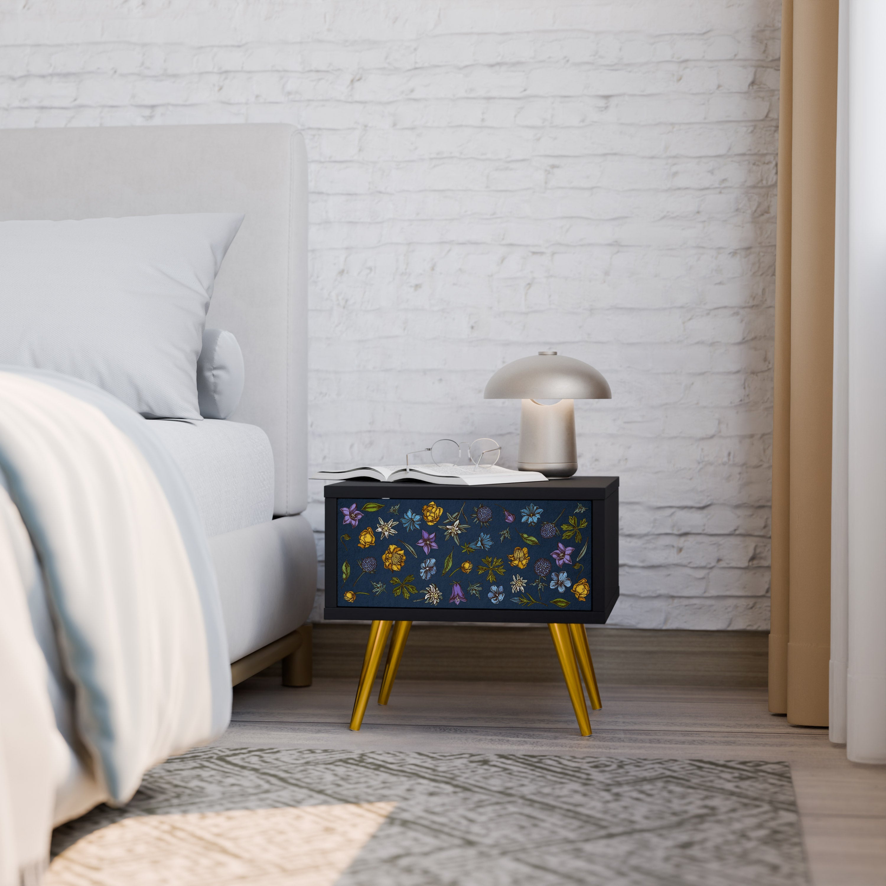 Table de chevet FLOWERS ON NAVY BLUE en finition noire