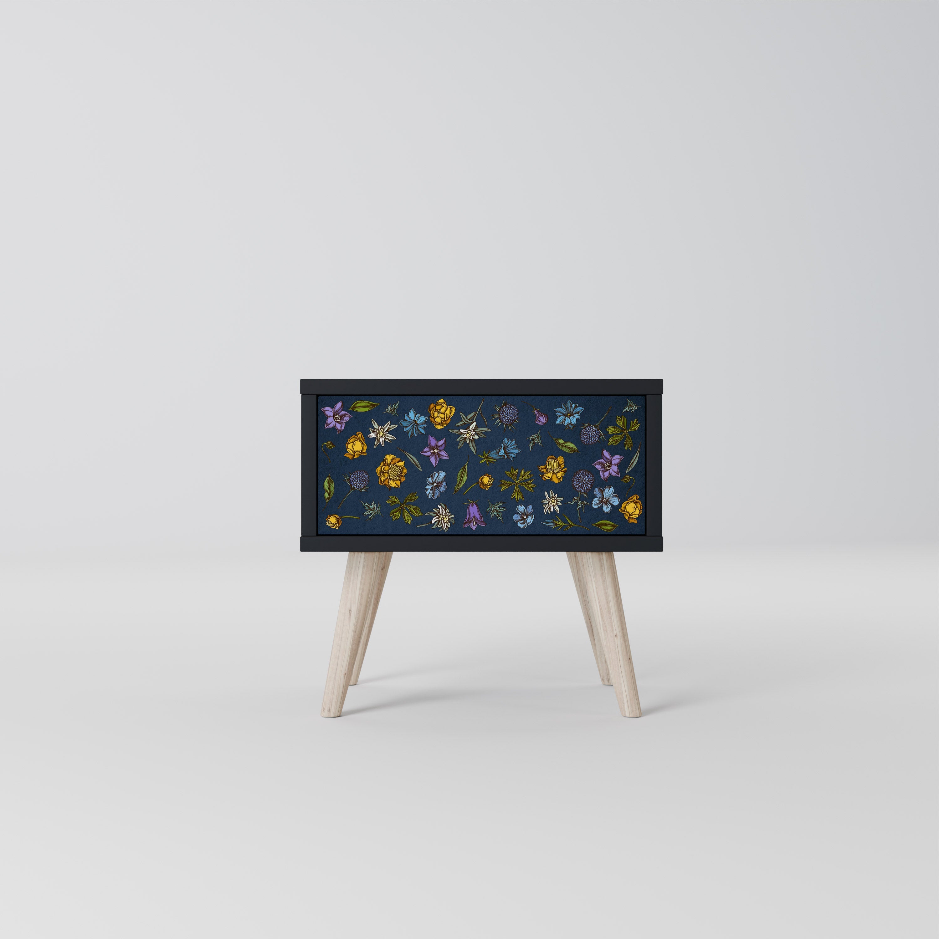 Table de chevet FLOWERS ON NAVY BLUE en finition noire