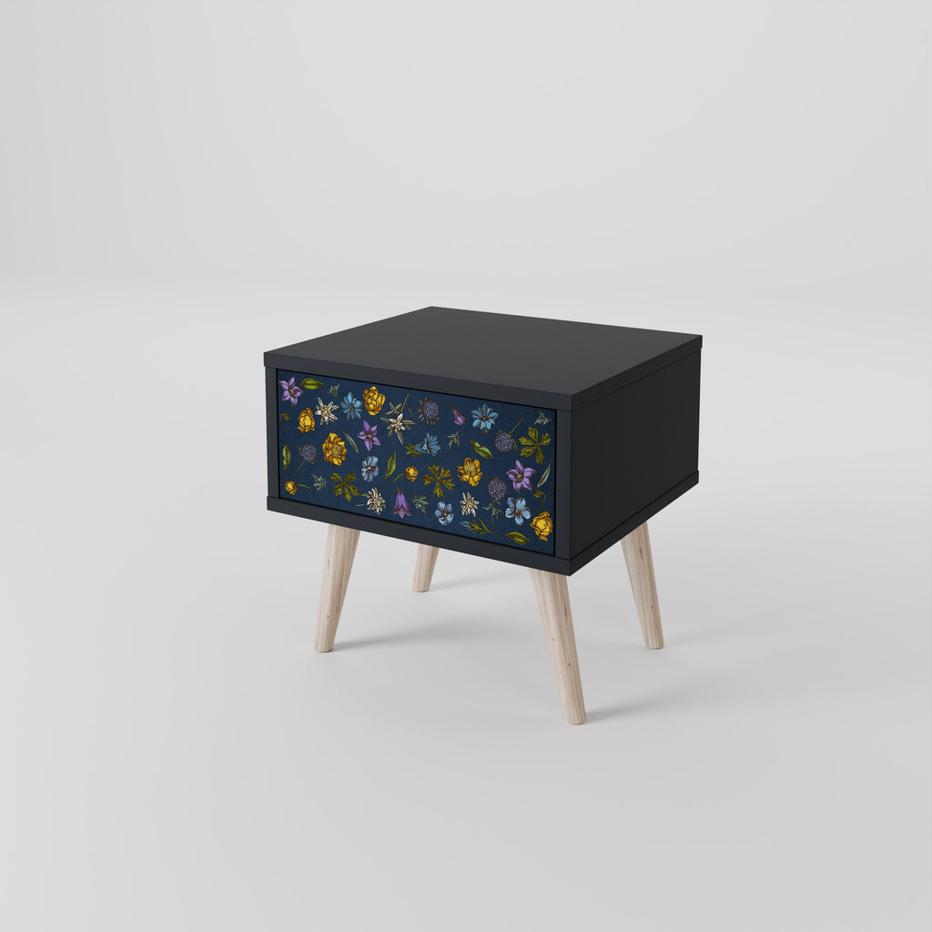 Table de chevet FLOWERS ON NAVY BLUE en finition noire