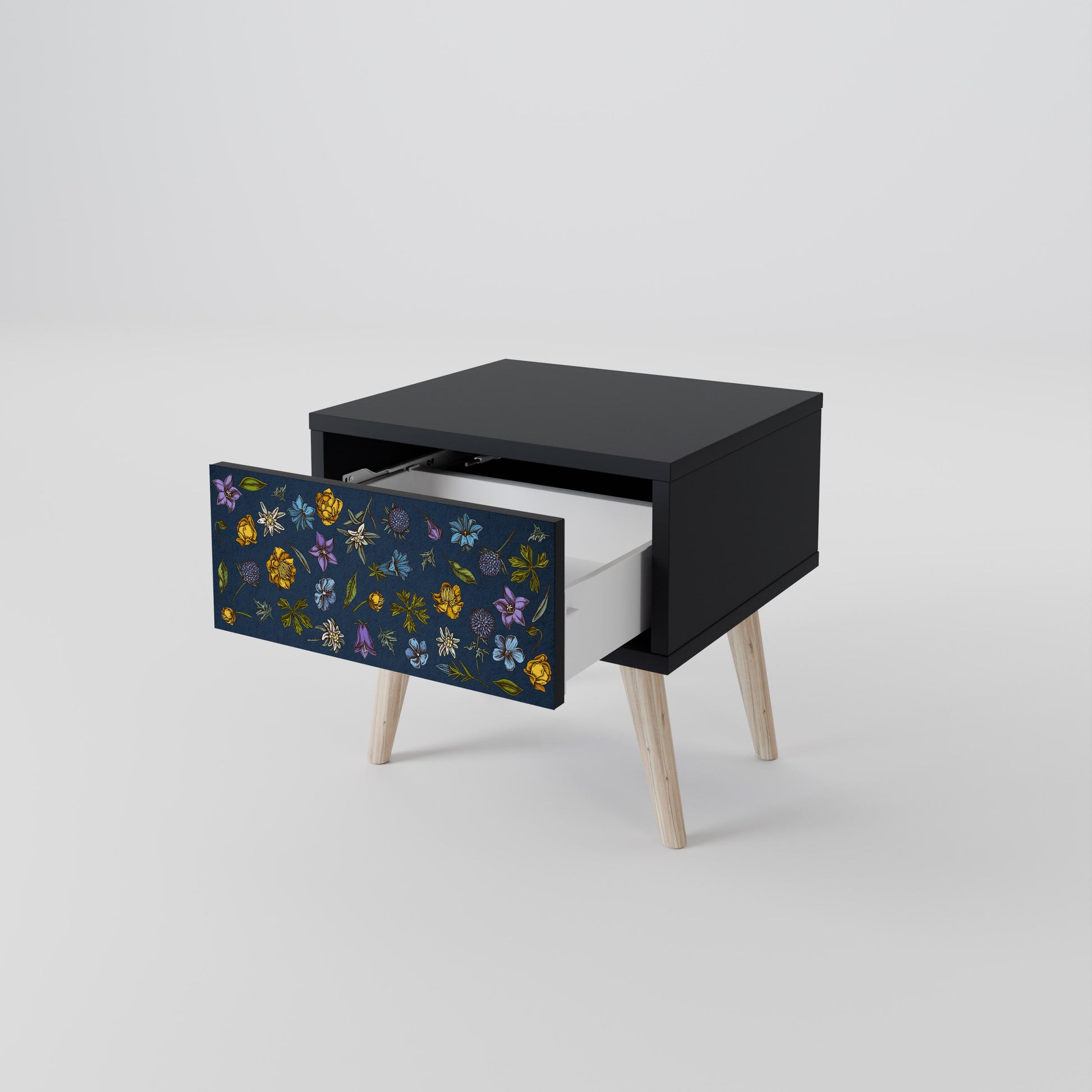 Table de chevet FLOWERS ON NAVY BLUE en finition noire