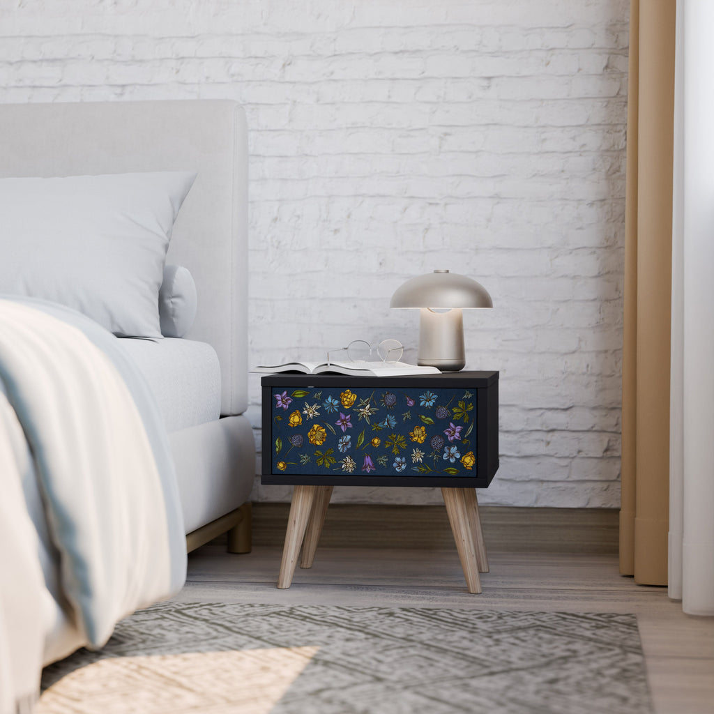 Table de chevet FLOWERS ON NAVY BLUE en finition noire