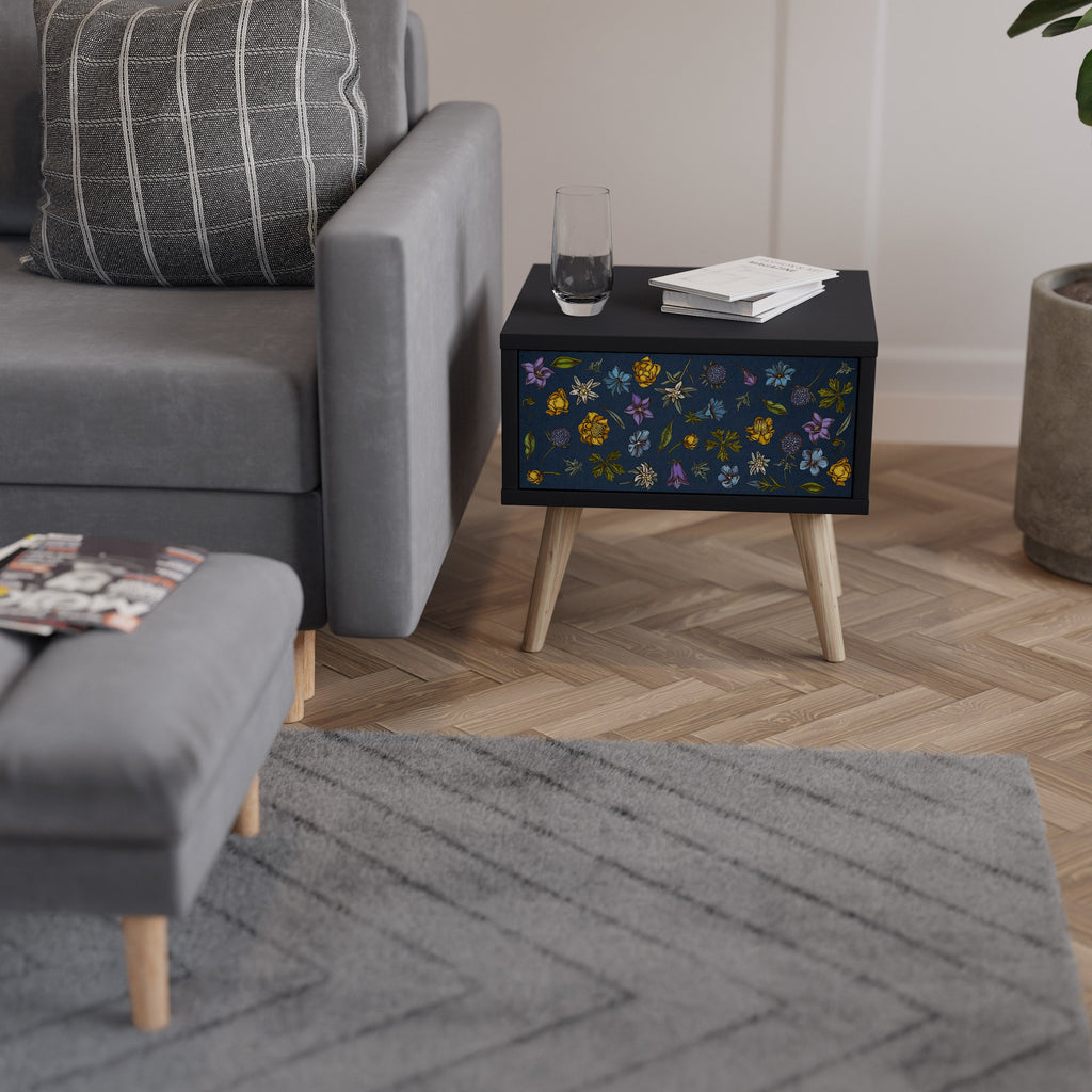 Table de chevet FLOWERS ON NAVY BLUE en finition noire