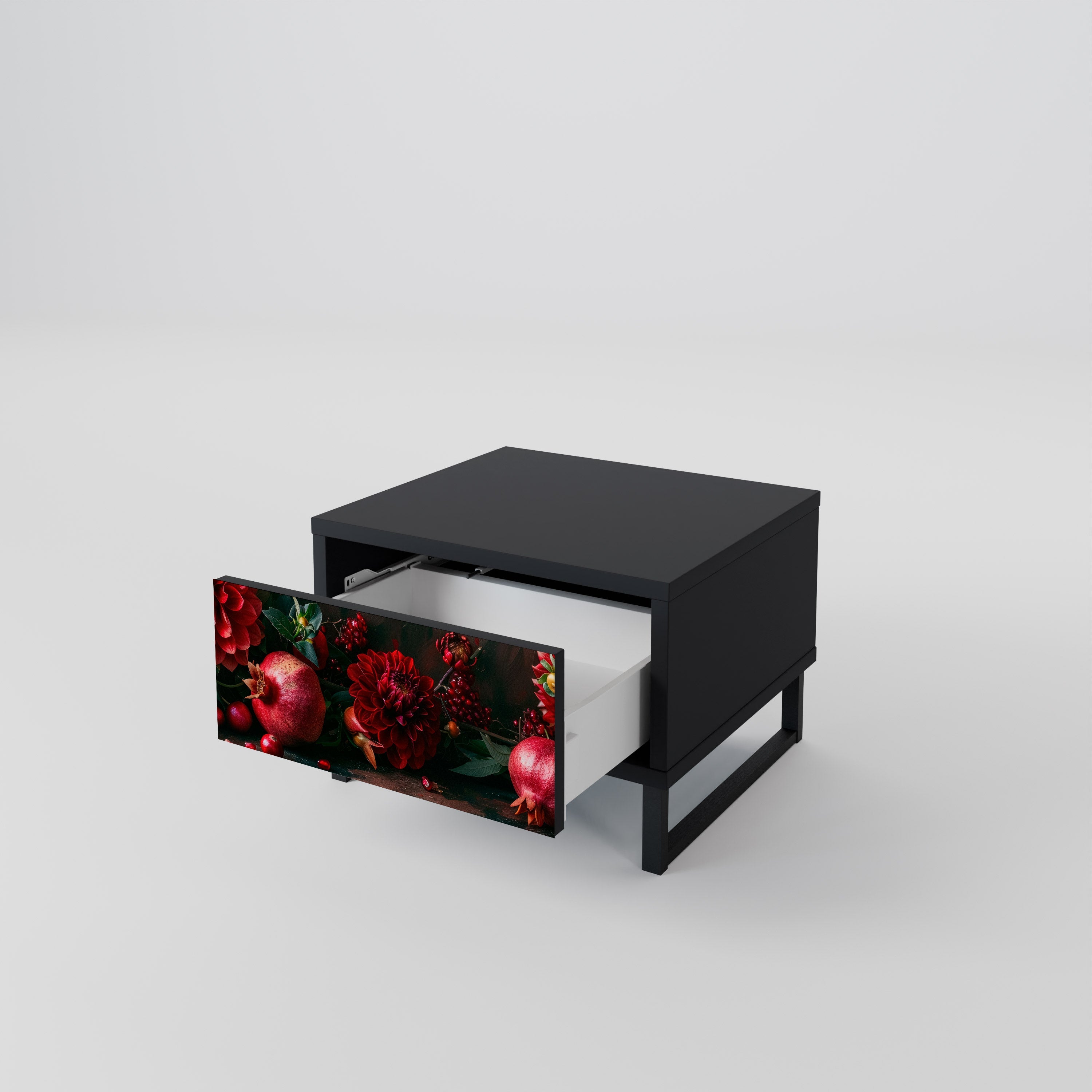 Table de chevet DAHLIAS ET GRENADES en finition noire