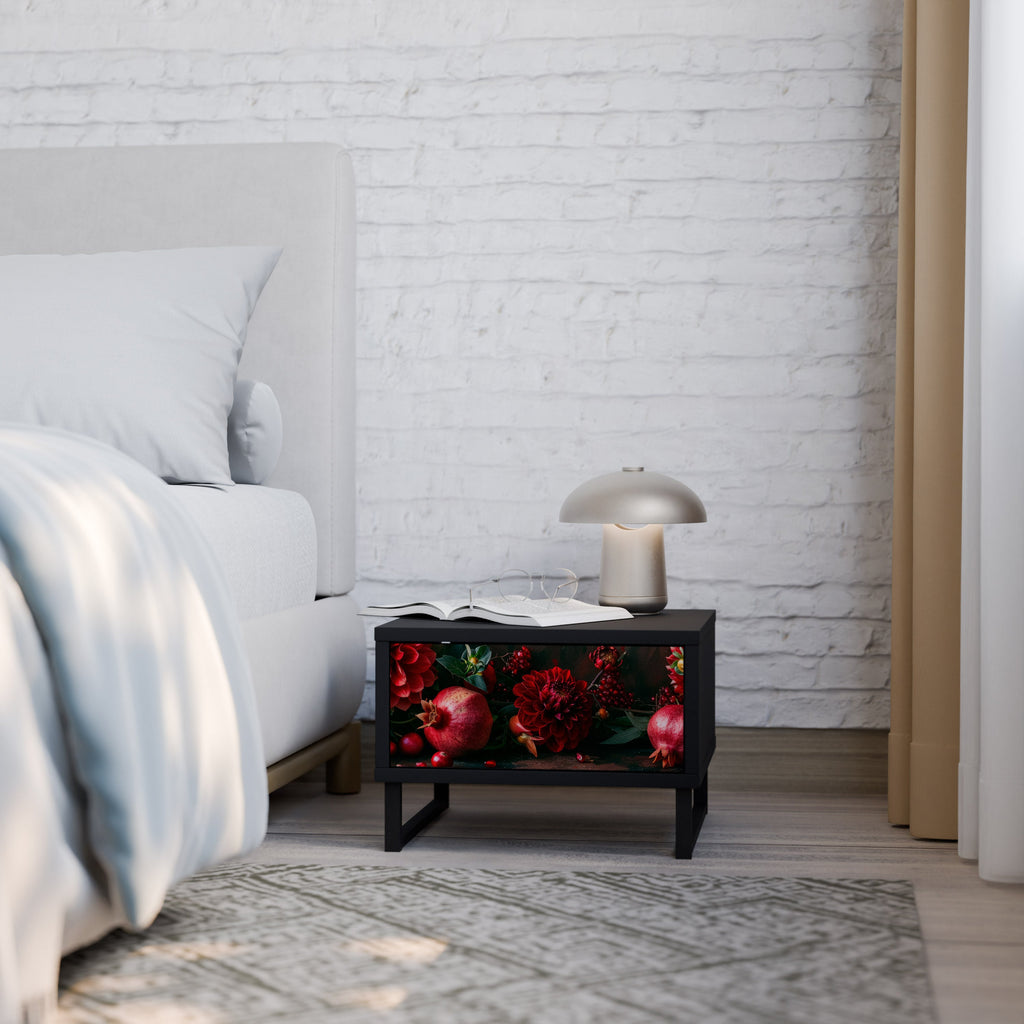 Table de chevet DAHLIAS ET GRENADES en finition noire