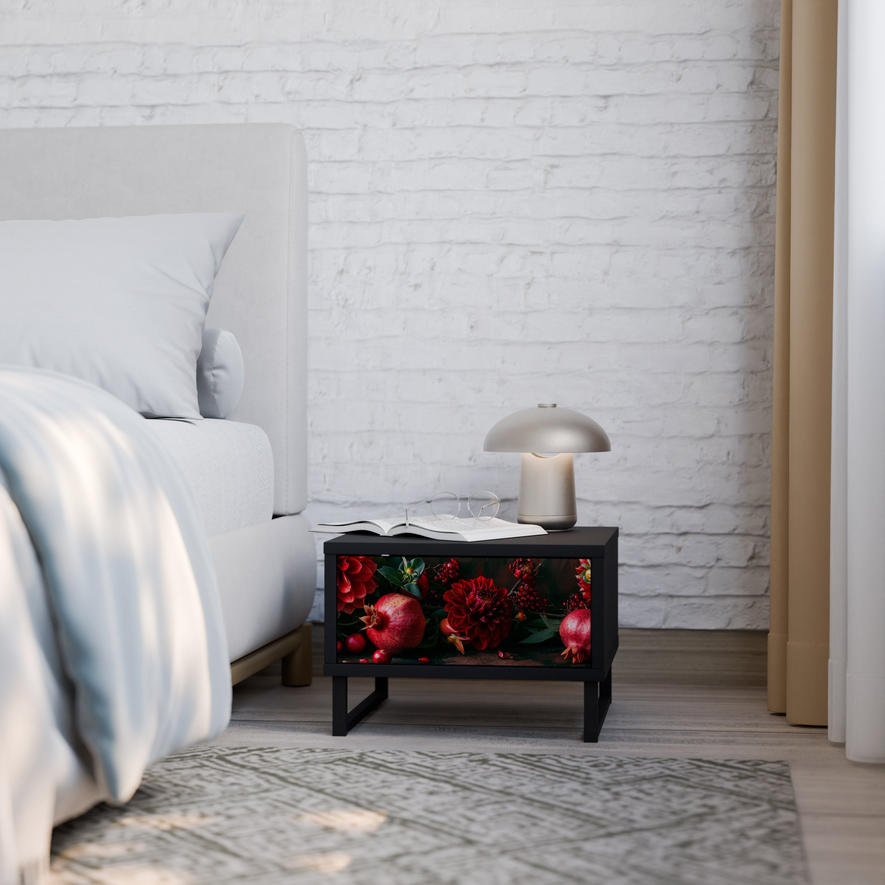 Table de chevet DAHLIAS ET GRENADES en finition noire