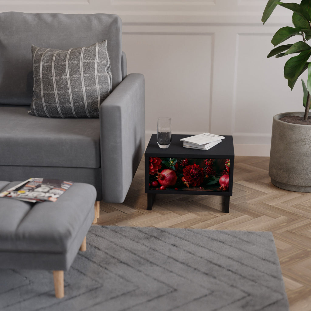 Table de chevet DAHLIAS ET GRENADES en finition noire