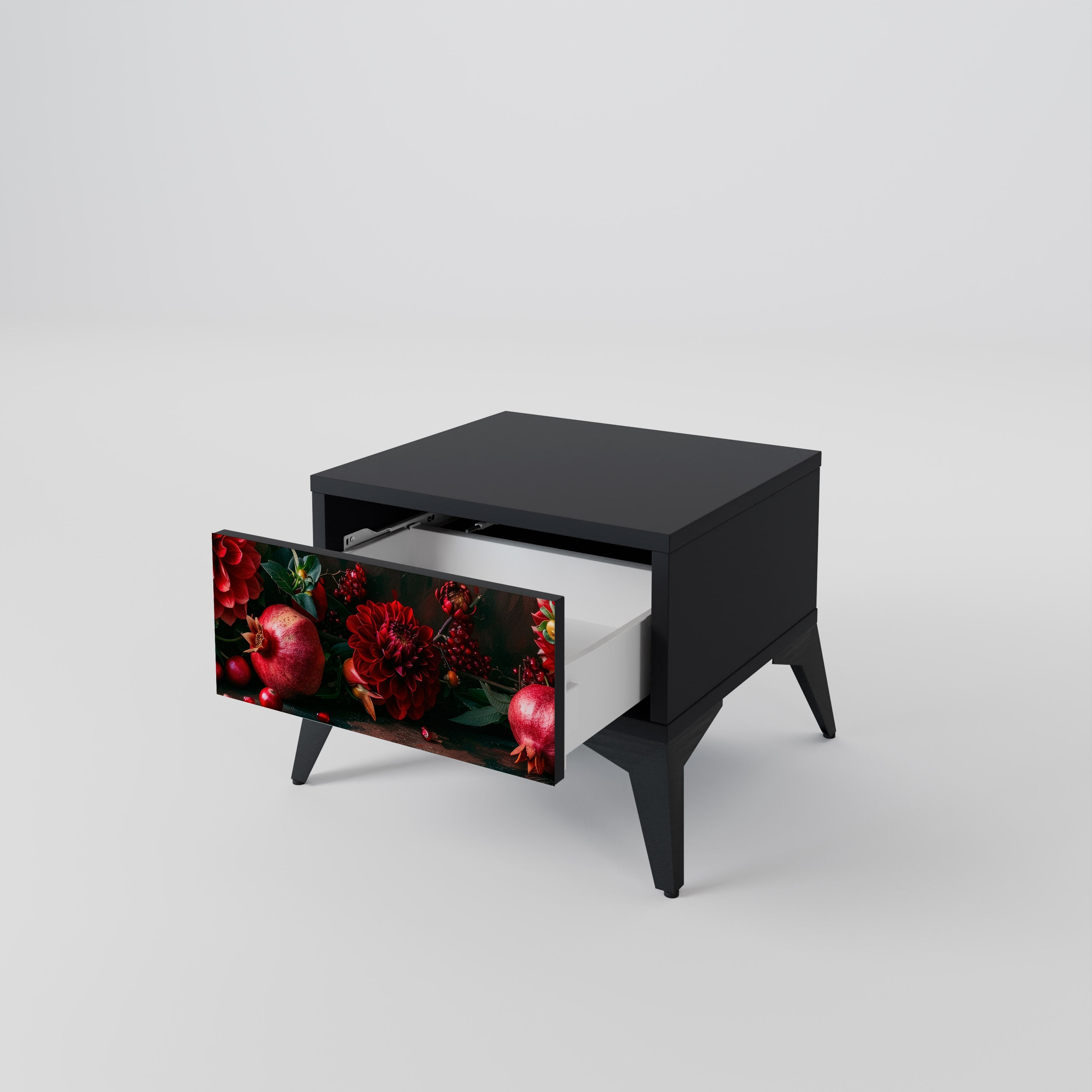 Table de chevet DAHLIAS ET GRENADES en finition noire