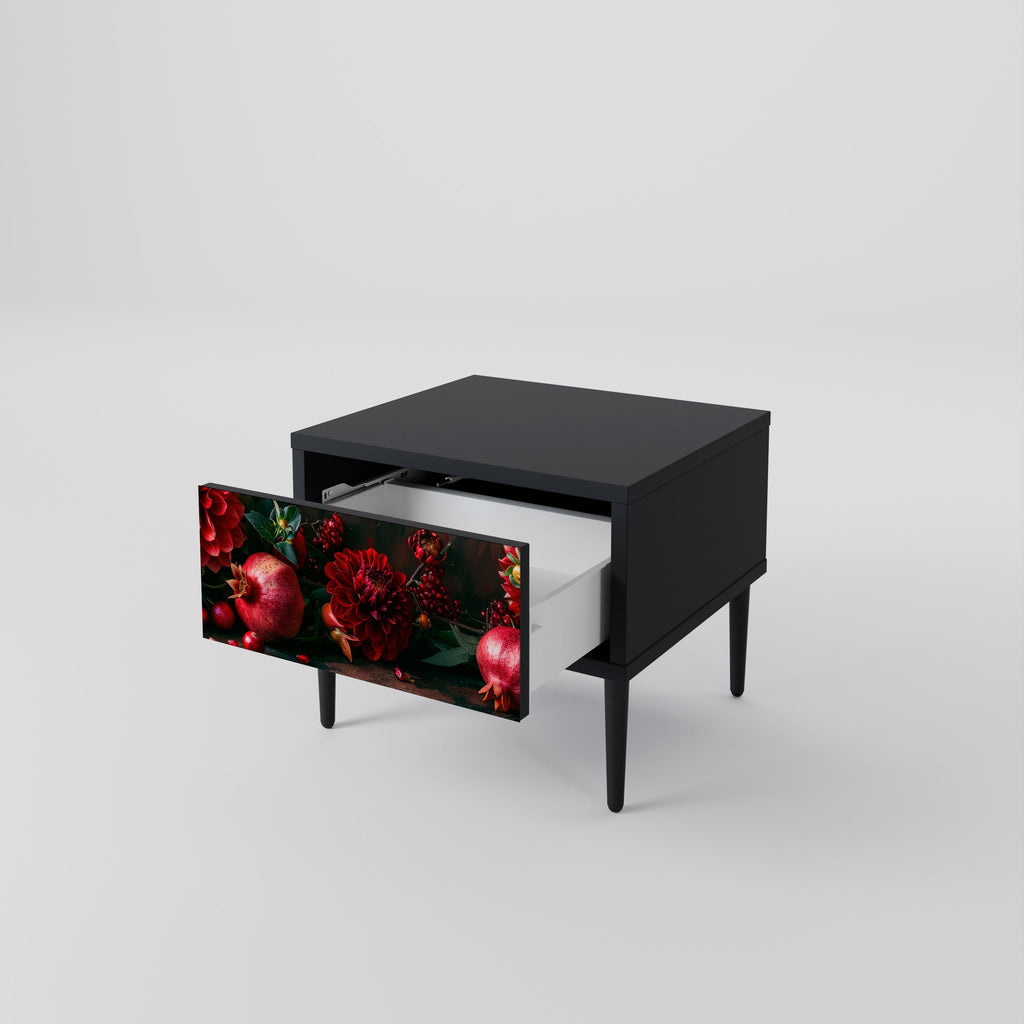 Table de chevet DAHLIAS ET GRENADES en finition noire