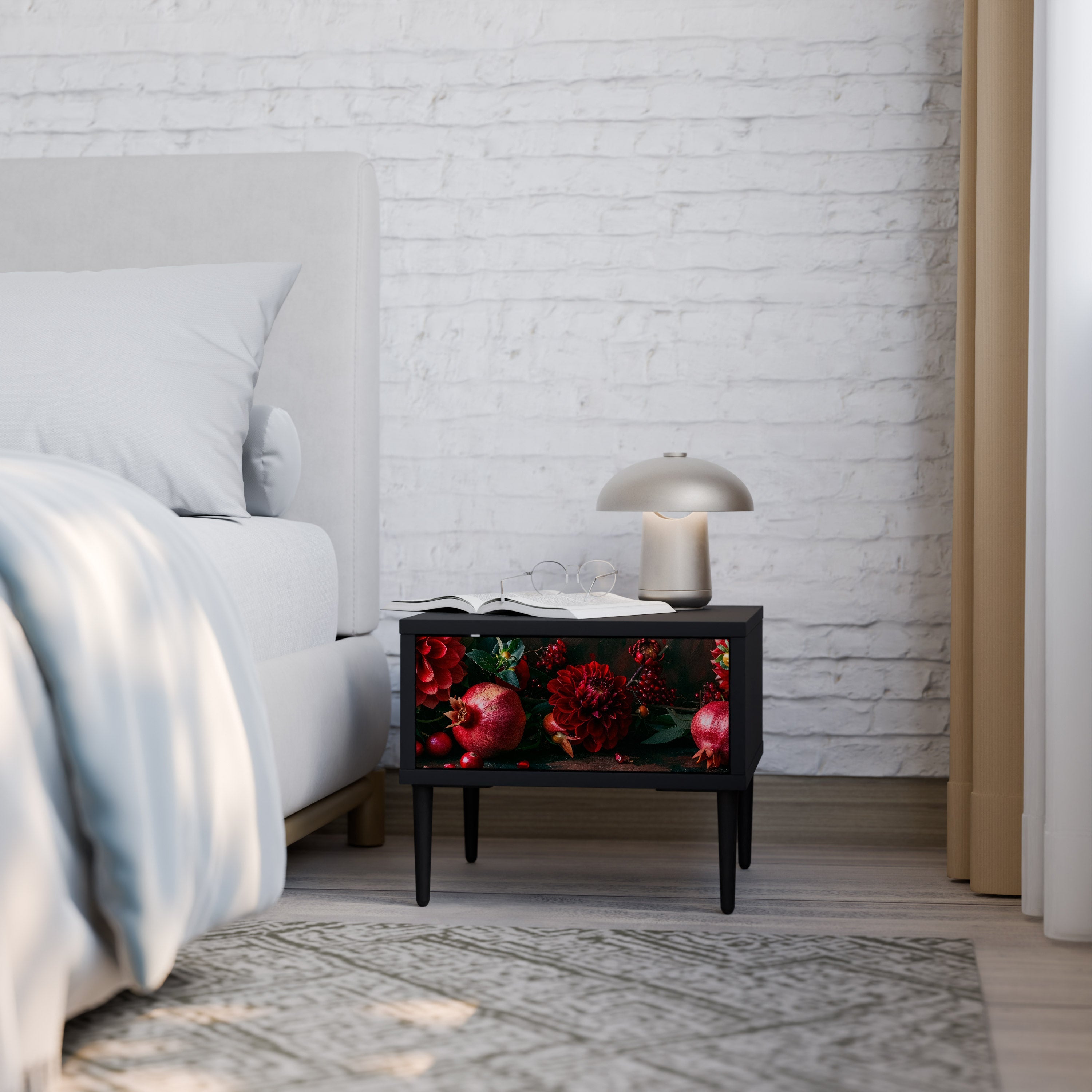 Table de chevet DAHLIAS ET GRENADES en finition noire