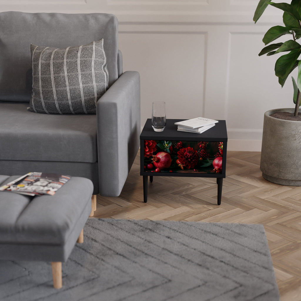 Table de chevet DAHLIAS ET GRENADES en finition noire